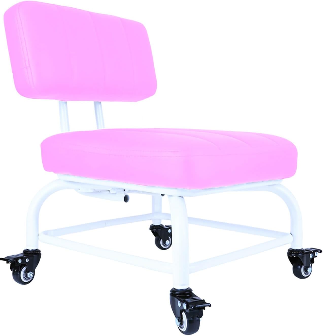 Rolling Stool and 4 Wheels with Brakes Rolling Chair for Home Office Garage Shop Roller Seat Water-Proof High Density Cushion and Steel Pink