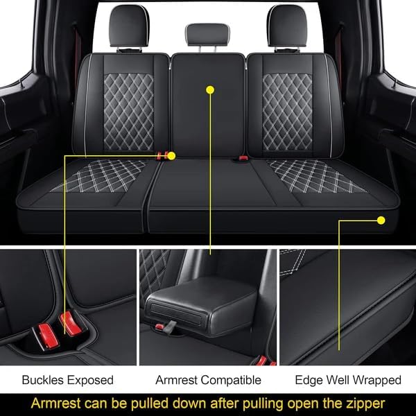LUCKYMAN CLUB F150 Faux Leather Seat Covers Fit for 2015-2024 2025 F150 SuperCrew and 2017-2024 2025 F250 F350 F450 Super Duty Crew Cab Pickup Trucks(Full Set, Black&White)