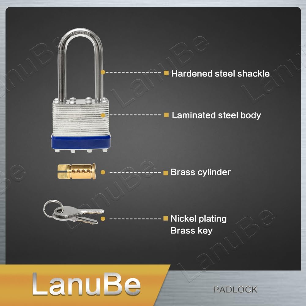 LanuBe Lock Laminated Steel Keyed Padlock,Keyed Alike Locks, Long Shackle Padlock,Pack of 12