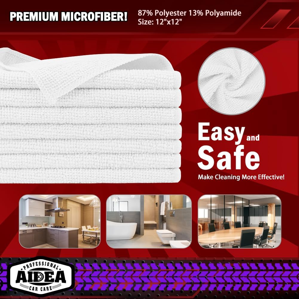AIDEA Microfiber Cleaning Cloth White 10PK, Microfiber Towels for Cars, Premium Car Cloths, Dusting Cloth Lint Free Cleaning Rags for SUVs, House, Kitchen, Window, Workshops,12×12"