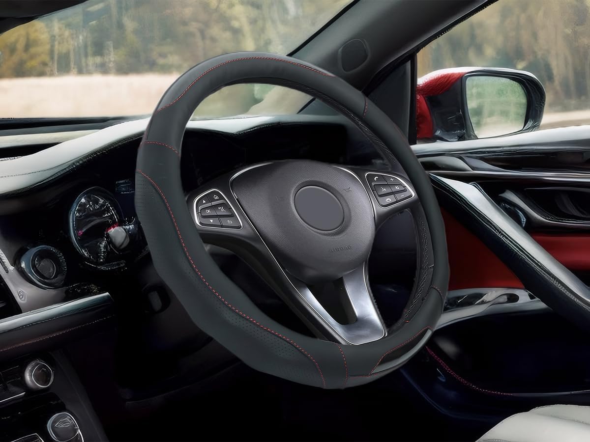 Car Steering Wheel Cover with Cup Coasters, Universal 15 inch Leather Carbon Fiber Steering Wheel Covers Comfort Grip Breathable Anti-Slip Steering Wheel Accessories for SUV Truck Van Auto - Black