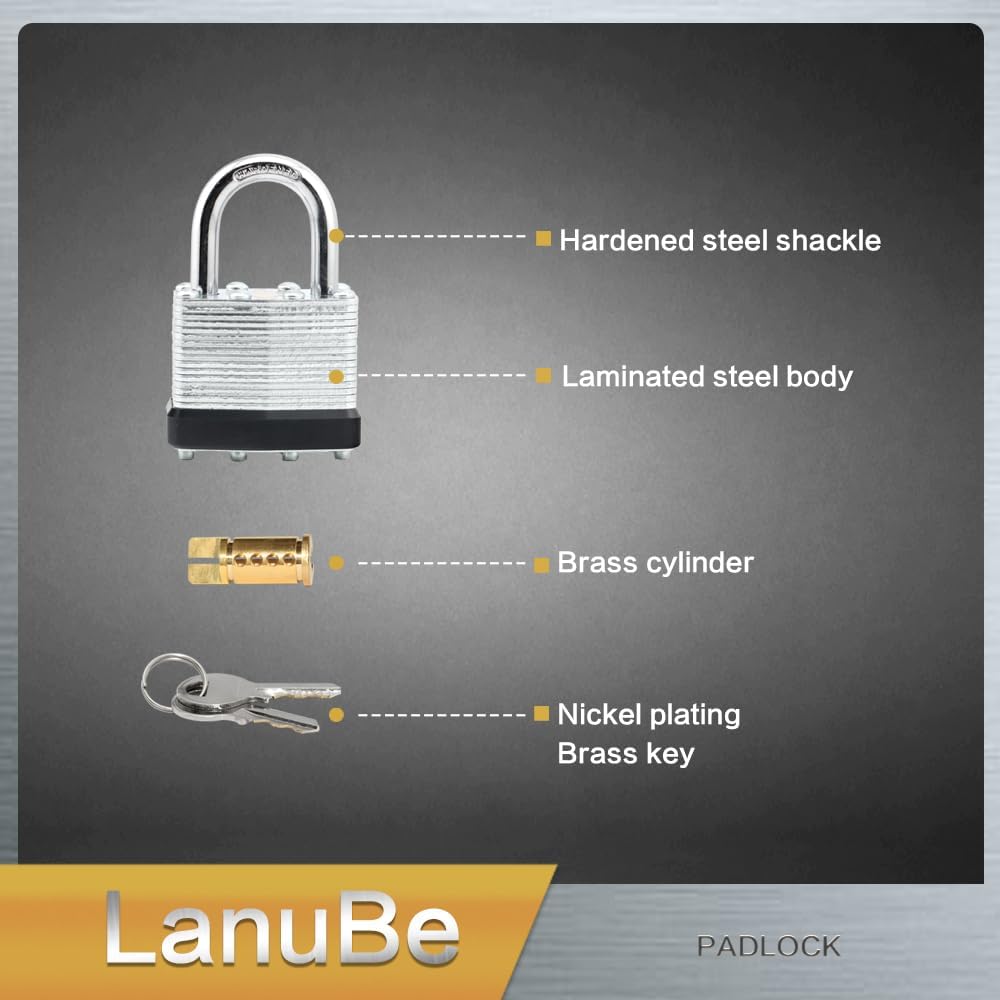 LanuBe Lock Laminated keyed Padlock (1-9/16", 40mm), keyed Alike Locks, Normal Shackle,Marked Black Plastic Hoop, Pack of 24