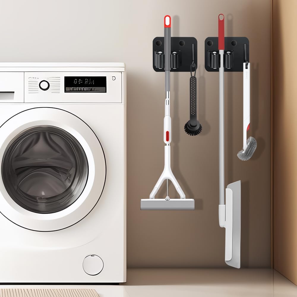 2-Pack Broom Holder with Heavy Duty Hooks, Upgraded Stainless Steel Mop Hanger. Wall Mount Utility Tool Rack for Kitchen Garden Laundry Garage. Matte Black.