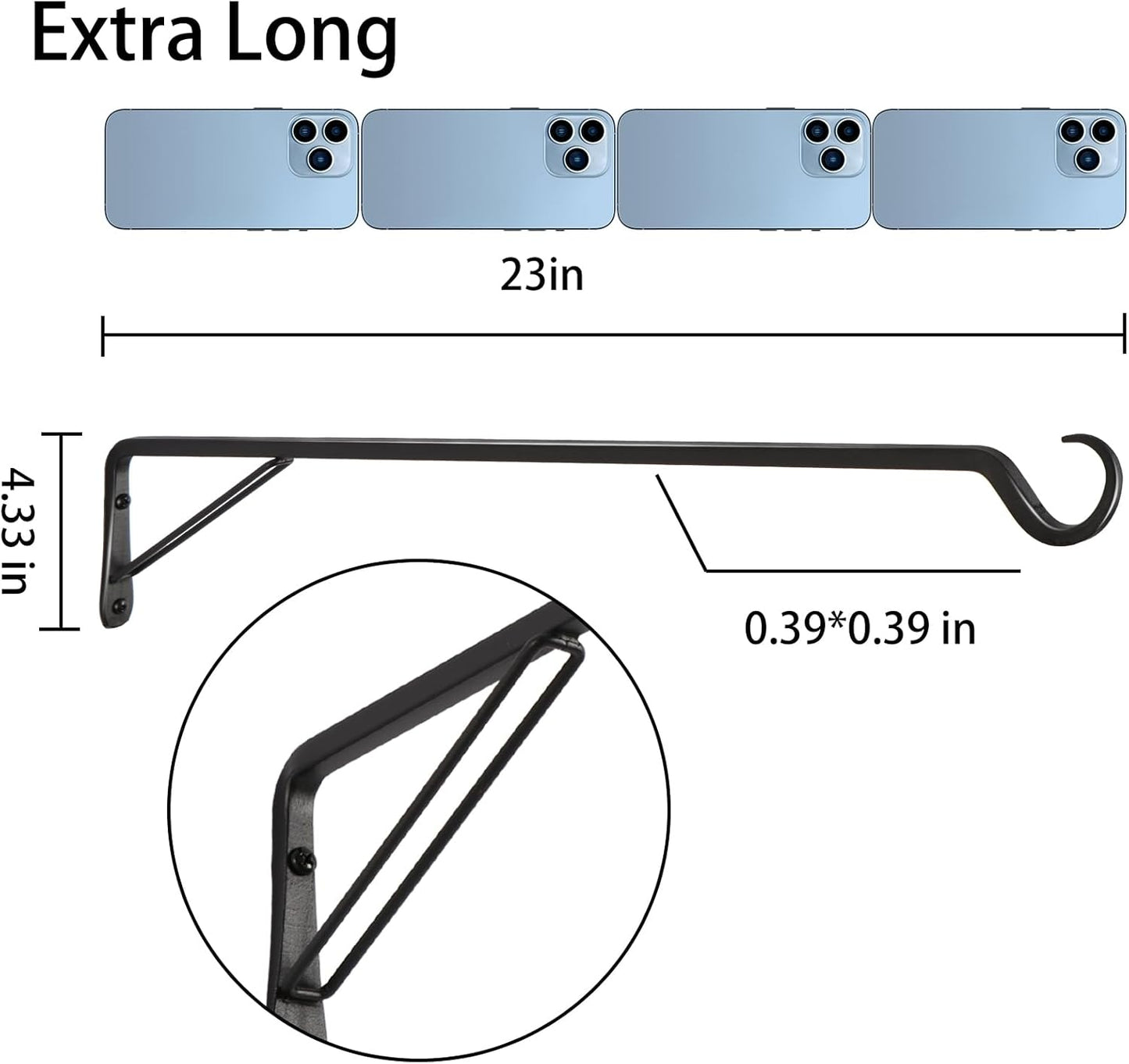 2 Pack Extra Long 23 Inch Heavy-Duty Rust-Resistant Solid Steel Plant Hangers and Bird Feeder Hangers for Indoor and Outdoor Decor, Wall Hooks