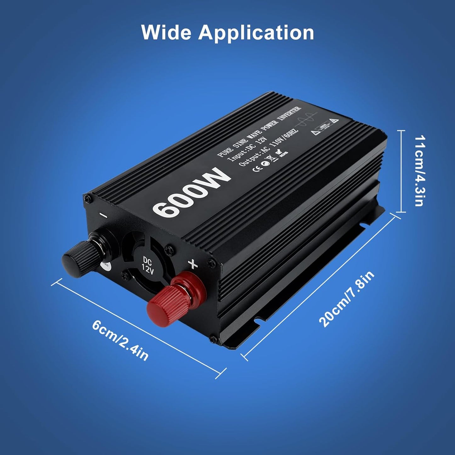 Power Inverter 600W Pure Sine Power Inverter DC 12V to AC 110V Car Converter, Car Cigarette Adapter Converter, Aluminum Alloy Car Power Inverter with 2 USB Ports