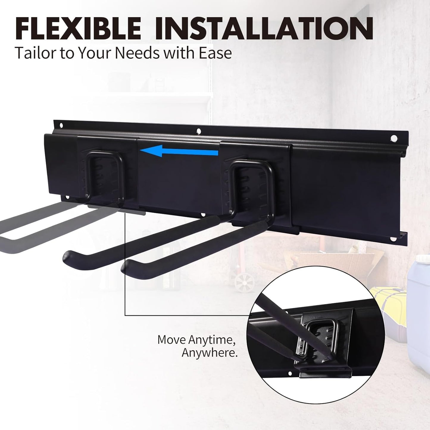 Garage Organization, 48 Inch Garden Tool Organizer Max Load 525 lb, Garage Tool Organizer Wall Mount with 7 Organization Hooks and Bike Hooks, Updated 16 Inch Studs Spacing