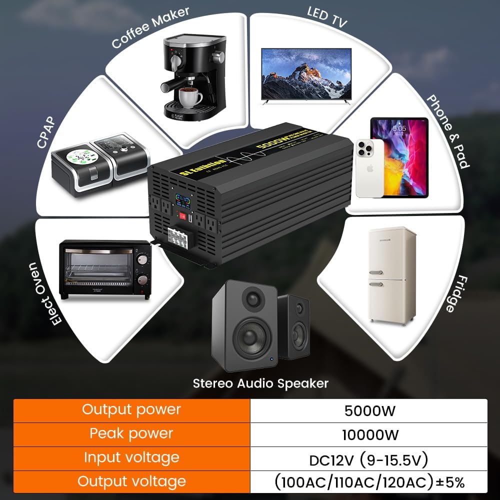 5000W/10000W(Peak) Pure Sine Wave Car Power Inverter 12V DC to 120V AC 60HZ with LCD Display, USB Port, Wireless Remote Control(10M) for Car Home Laptop Truck