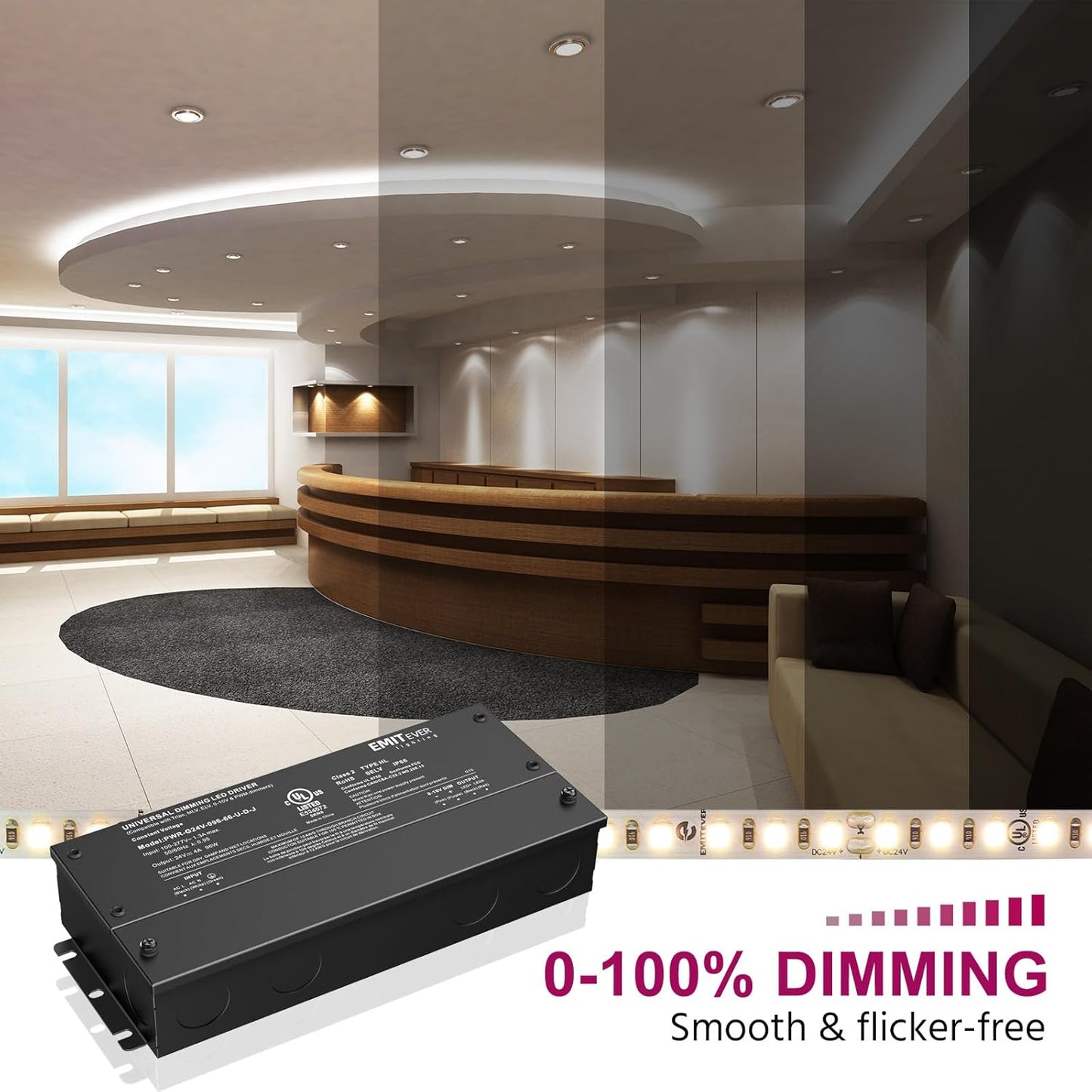 EMITEVER 96W Dimmable LED Driver,24V Dimmable Power Supply,AC to DC Transformer for LED Light,5-in-1 Dimming: ELV/MLV/TRIAC/ 0-10V/ 1-10V/10V PWM/Potentiometer,Waterproof IP67 and UL Listed,Class 2