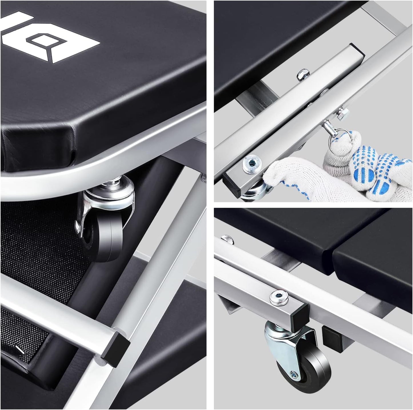 DNA MOTORING TOOLS-00185 36 Inches 2 IN 1 Rolling Folding Car Creeper/Seat, 6 Pcs 2" Casters, 150kg Weight Capacity, Gray