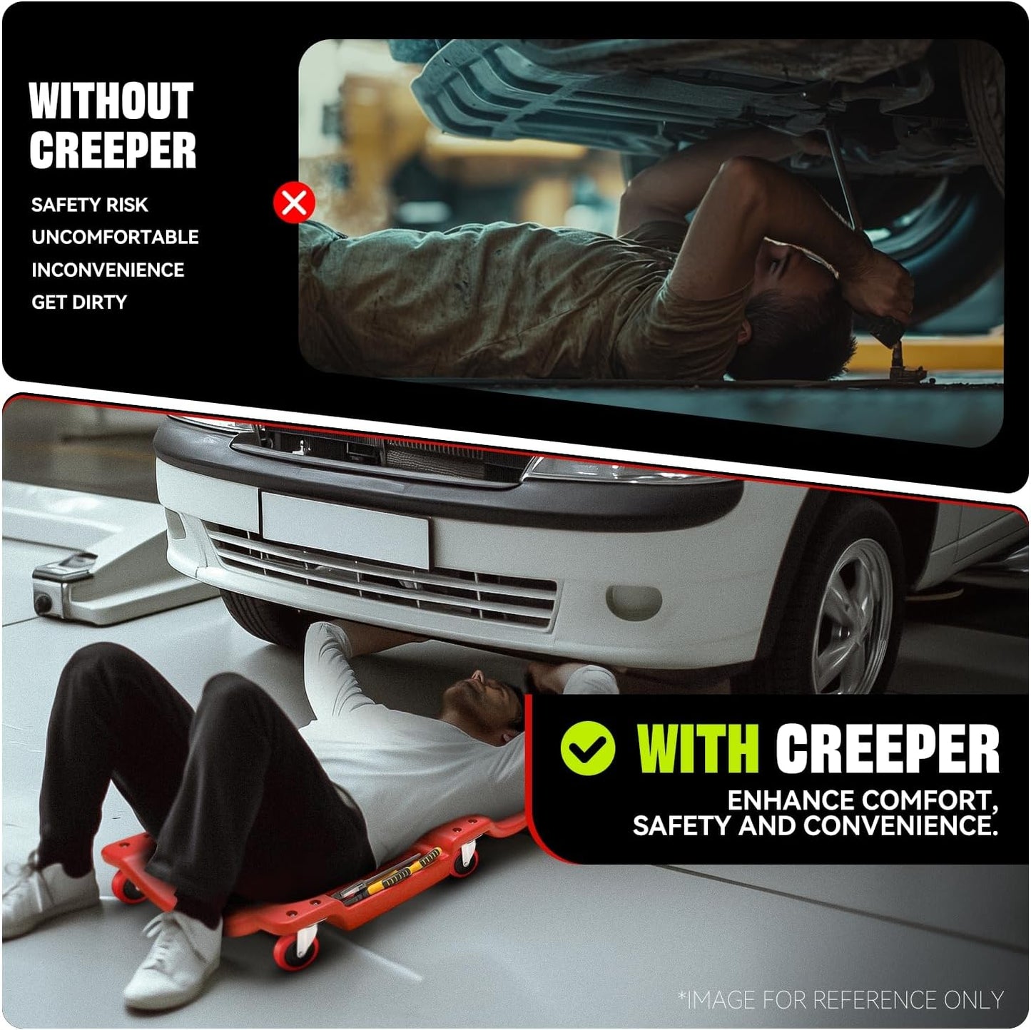 Auto Dynasty 36 Inches Mechanic Creeper, Automotive Garage Repair Low Profile Under Car Rolling Creeper with Padded Headrest, Plastic, Red