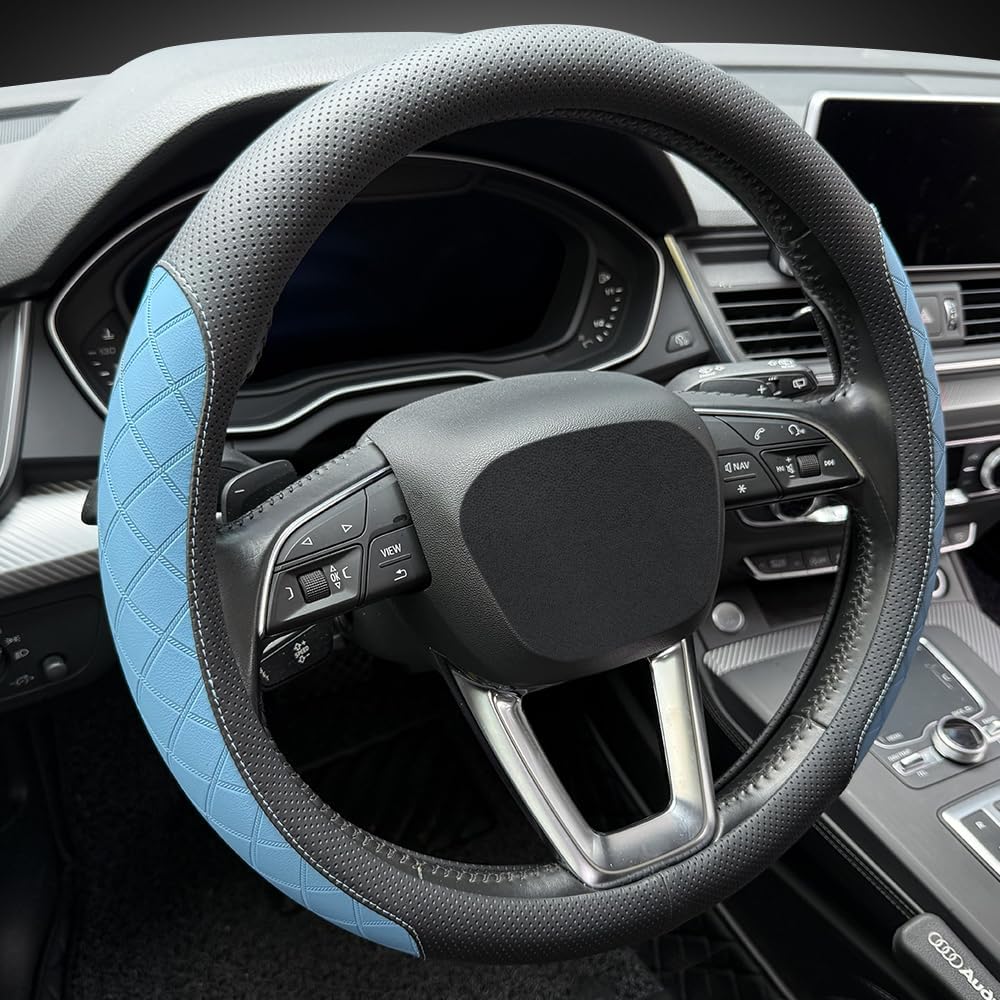 LKWLIKEI Nappa Leather Steering Wheel Cover,Elegant Diamond Checkered Design, Non-Slip wear-Resistant, Enhance Driving Comfort, Suitable for Steering Wheel Diameter 14 1/2‘-15’ Models.Black Blue