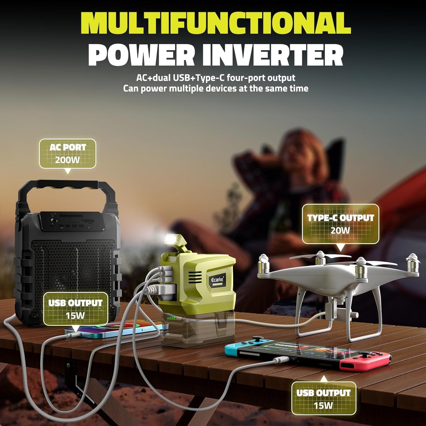 Power Inverter Compatible with Ryobi 18V Battery,2PCS Ecarke 200W Portable Power Supply Inverter,DC 18V to AC 110V~120V Power Station with 2 USB&AC Battery Powered Outlet 2 USB-A & 1 Type-C