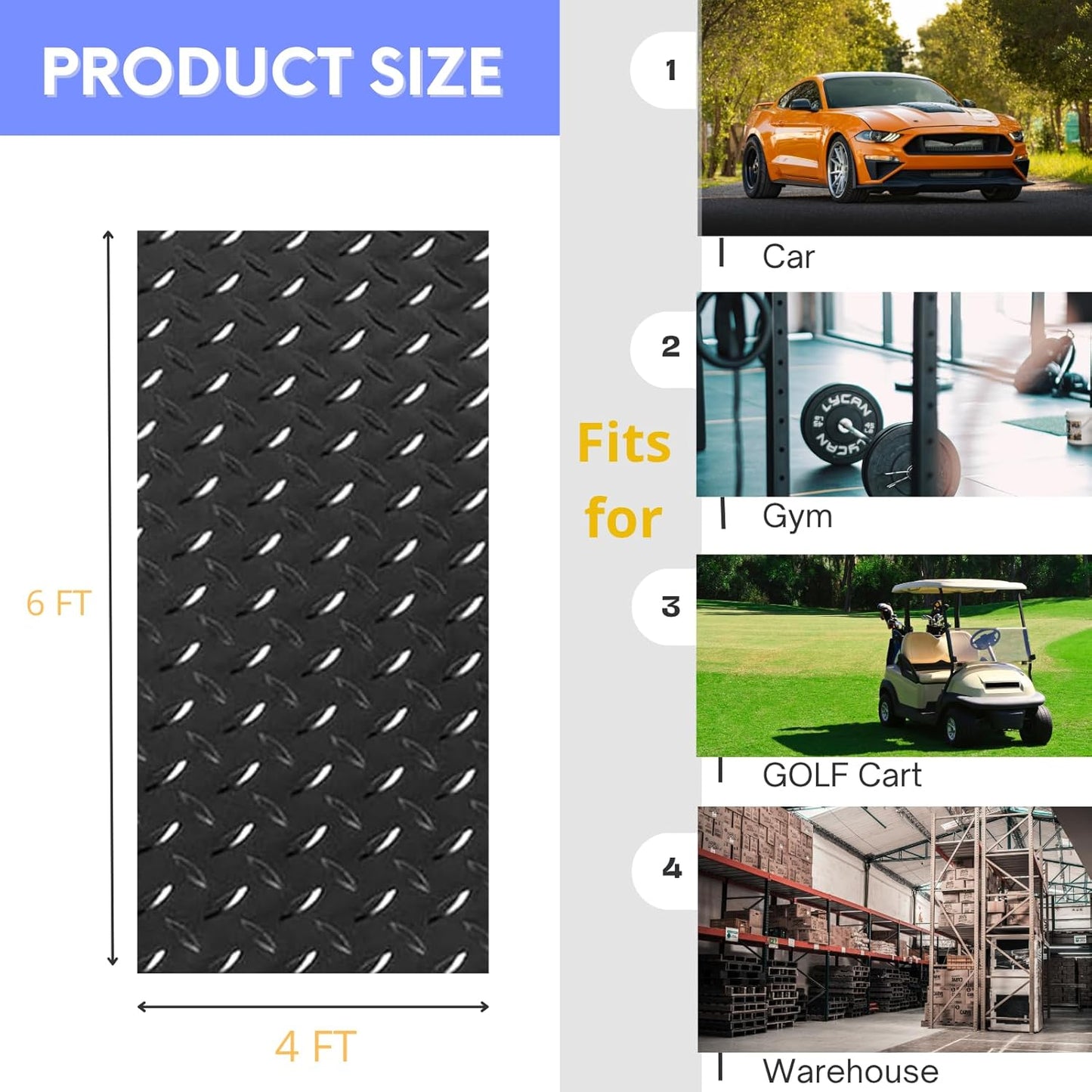 4X6 FT Garage Floor Mat, 2.5 Inch Thickened Diamond Plate Flooring Roll for Under Car, Non-Slip Commercial Grade Heavy Duty Parking Mat for Garage, Warehouse, Workshop, Basement, Gym(Black)