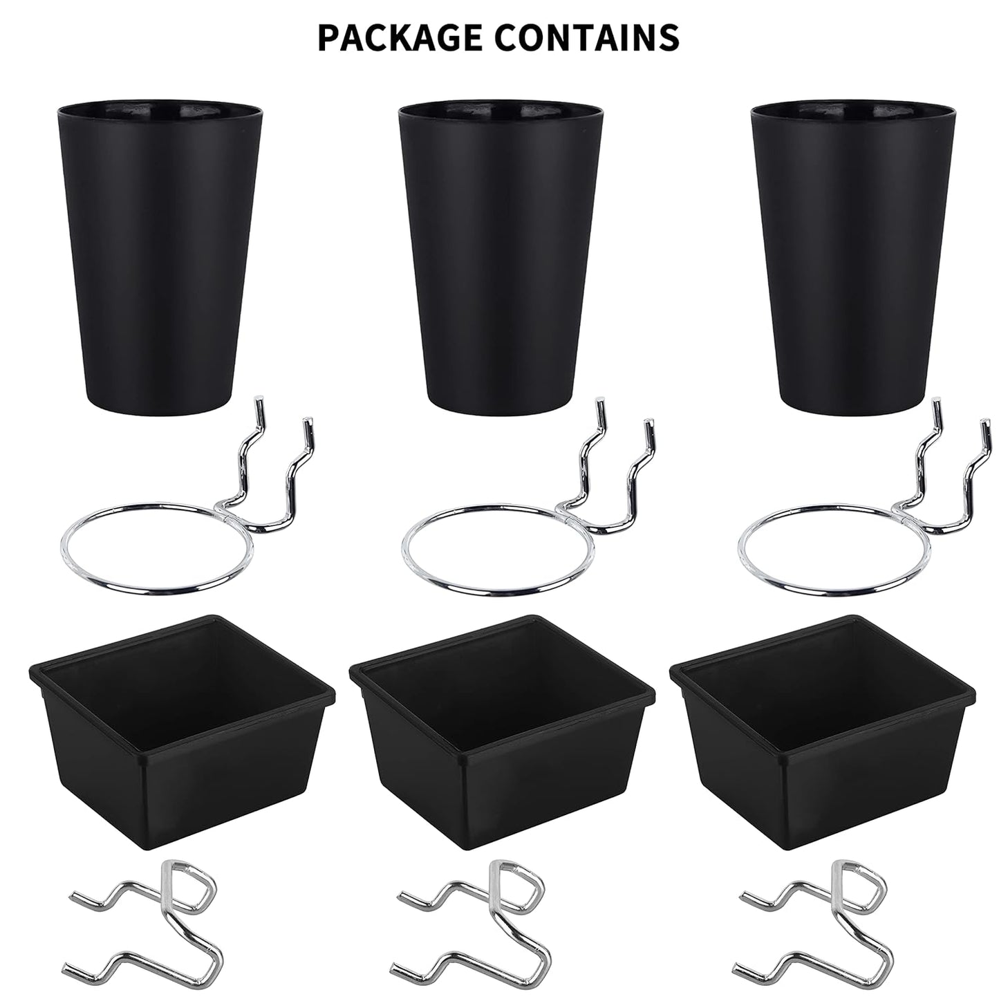 6 Sets Pegboard Bins Pegboard Cups with Hooks, Pegboard Hooks Assortment, Hooks for Pegboard Cup Holder for Organizing Accessories Tools Storage Office Workshop Garage Workbench Black