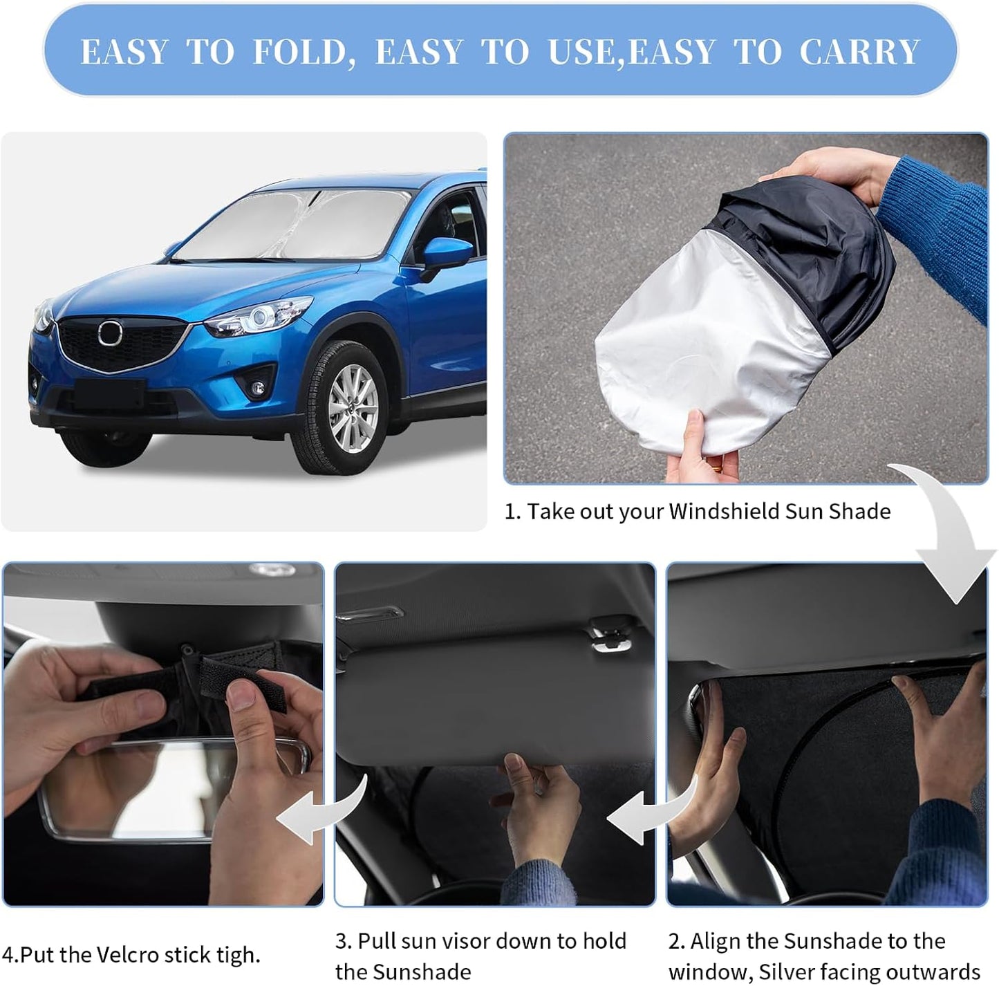 for Mazda CX-5 2013-2016 Sun Shade Sunshade Windshield Cover, 4-Layer Front Window Shade Custom Fit CX5 2013 2014 2015 2016 Sun Visor 240T Foldable Shade Blocks UV Rays Cooler Car Accessories