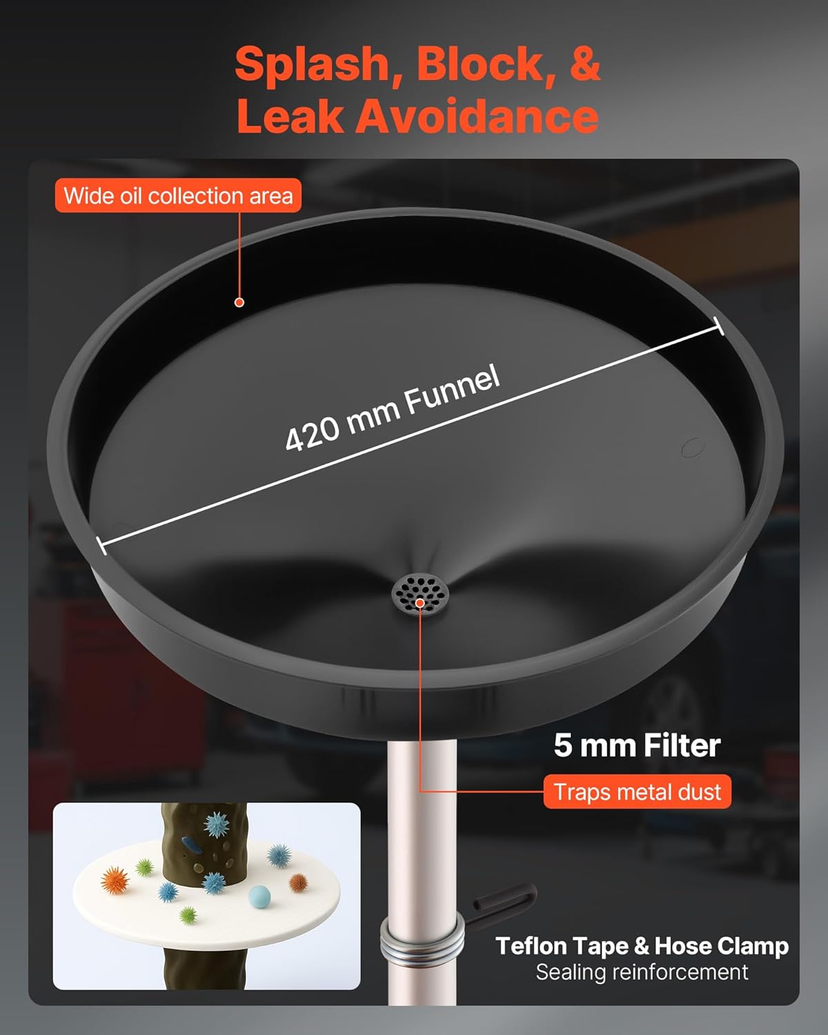 VEVOR 18 Gallon Waste Oil Drain Tank, Industrial Fluid Drain Tank with Adjustable Funnel Height, Portable Oil Drainer with Wheels, Fluid Fuel Transfer Drainage for Auto Repair Shops, Garages, Red