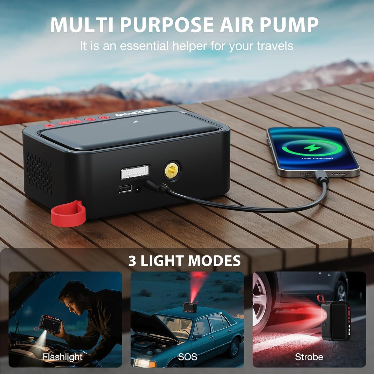 NEXPOW Tire Inflator Portable Air Compressor, 150 PSI Cordless Air Pump for Car Tires with Dual Digital Pressure Gauge and Auto Shut-Off, Portable Tire Inflator for Car, Motorcycle, Bicycle, Balls etc