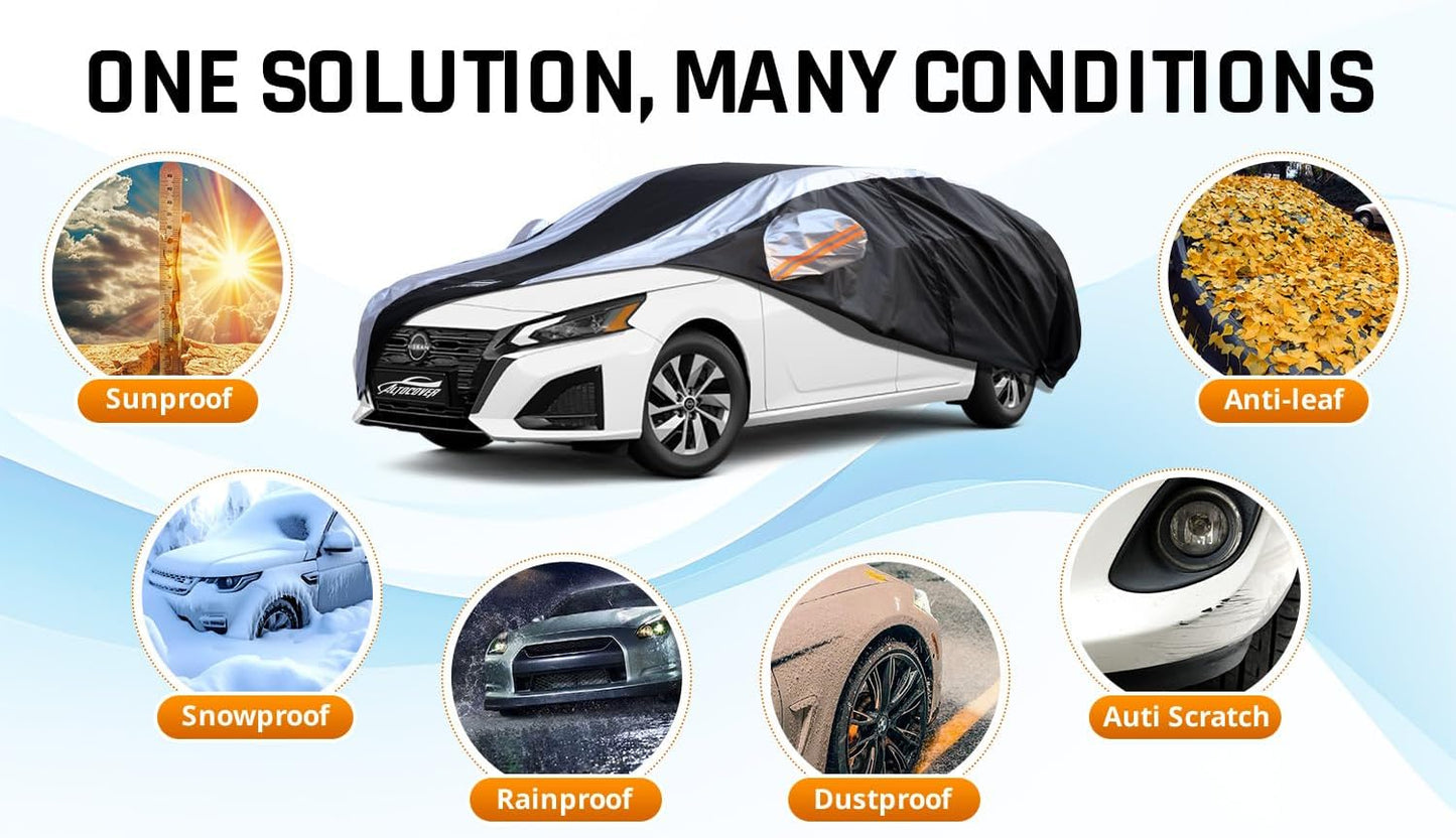 Altima Car Cover Waterproof All Weather with Silver Strip Design, Custom Fit for Altima 2005–2025, Altima Accessory with Door Zipper & Windproof Straps