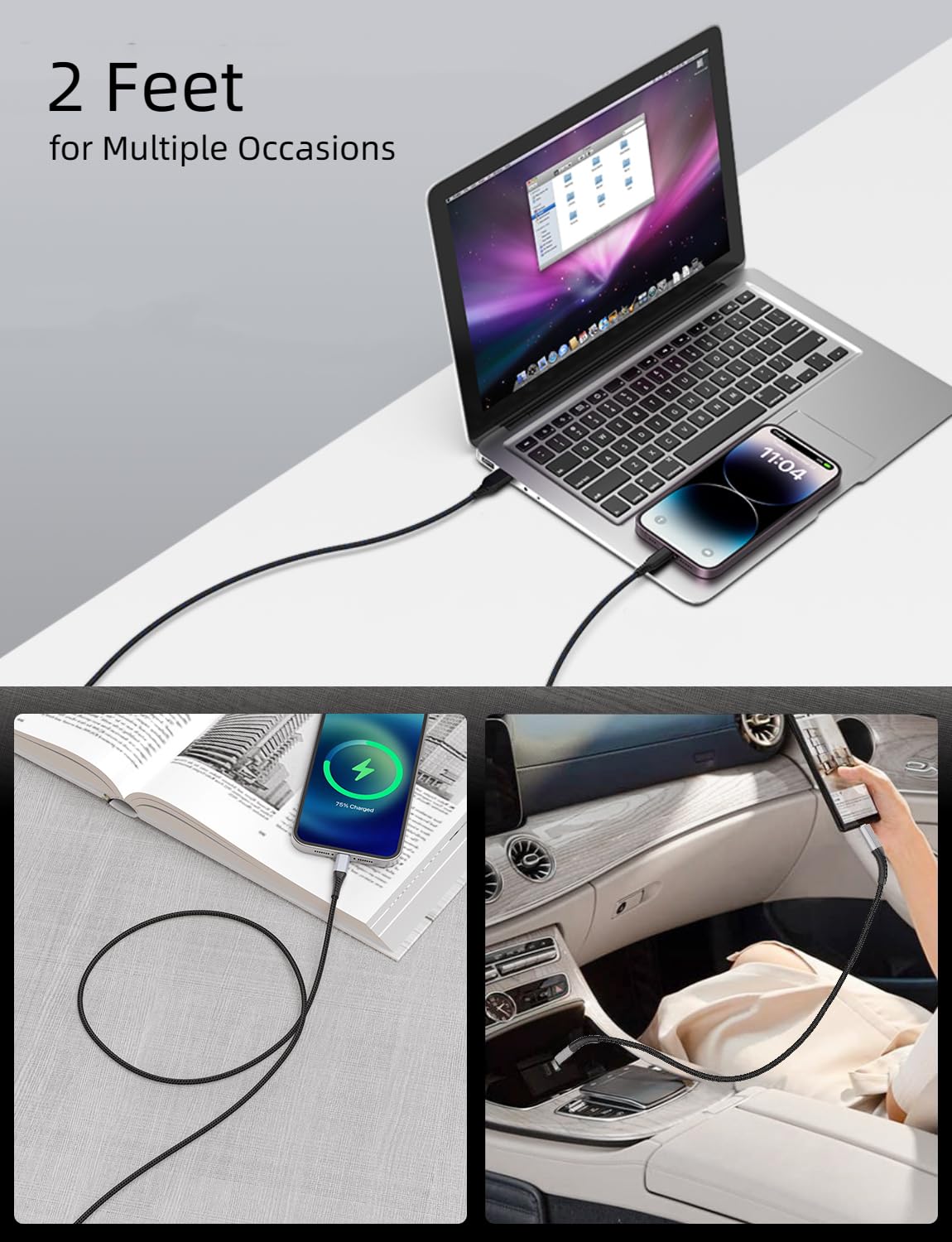 2ft USB C to USB C Cable, 3 Pack Braided USB C to C Charging Cord 60W/3A Type C to Type C Cable Fast Charging Car Charger for iPhone 16 15 Pro Max, Samsung Galaxy S23 S22, Moto LG, Google Pixel, iPad