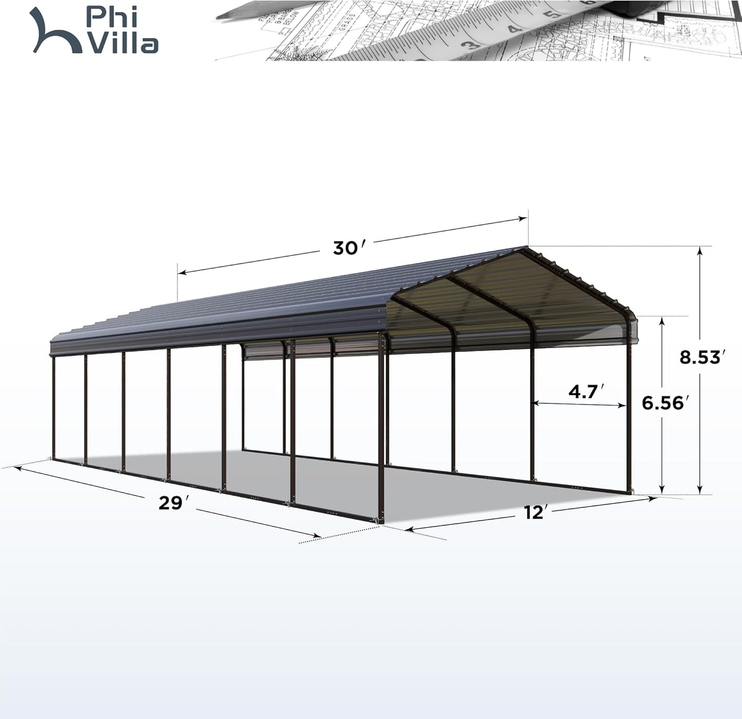 PHI VILLA 12'x30'x8.5 'Metal Carport for 2 Cars, Heavy Duty Car Ports for Heavy Snow, Reinforced Frame, Tall Metal Car Ports for Bass Boats, Full-Sized Pickup Trucks, and Tractors