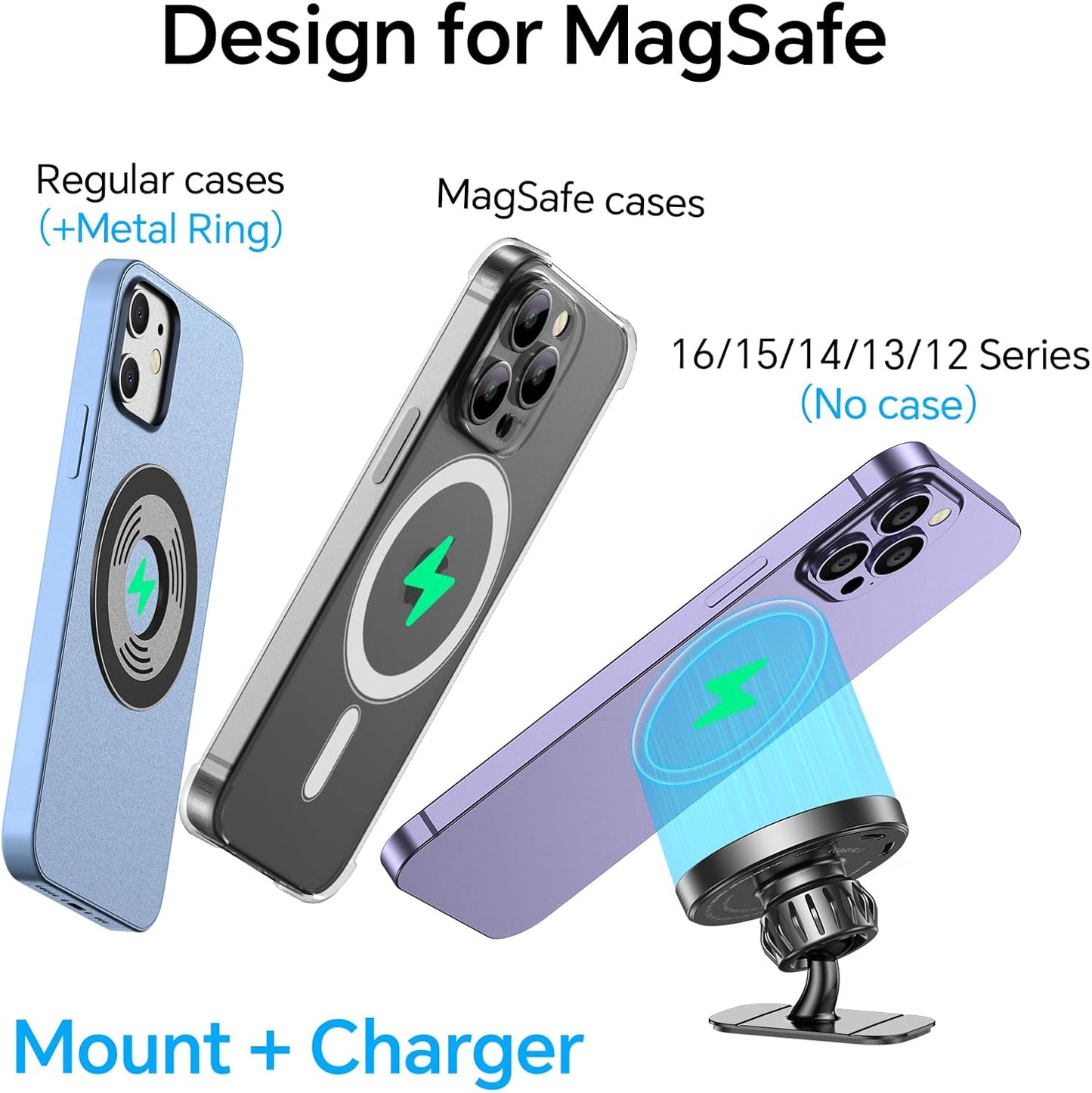 Kaistyle for MagSafe Car Mount Charger【Stronger Magnets】 iPhone Magnetic Wireless Car Charger【Dashboard+Vent】 for Magsafe Charger Cell Phone Car Mount for iPhone 16 Pro Max 15 14 13 12 MagSafe Cases