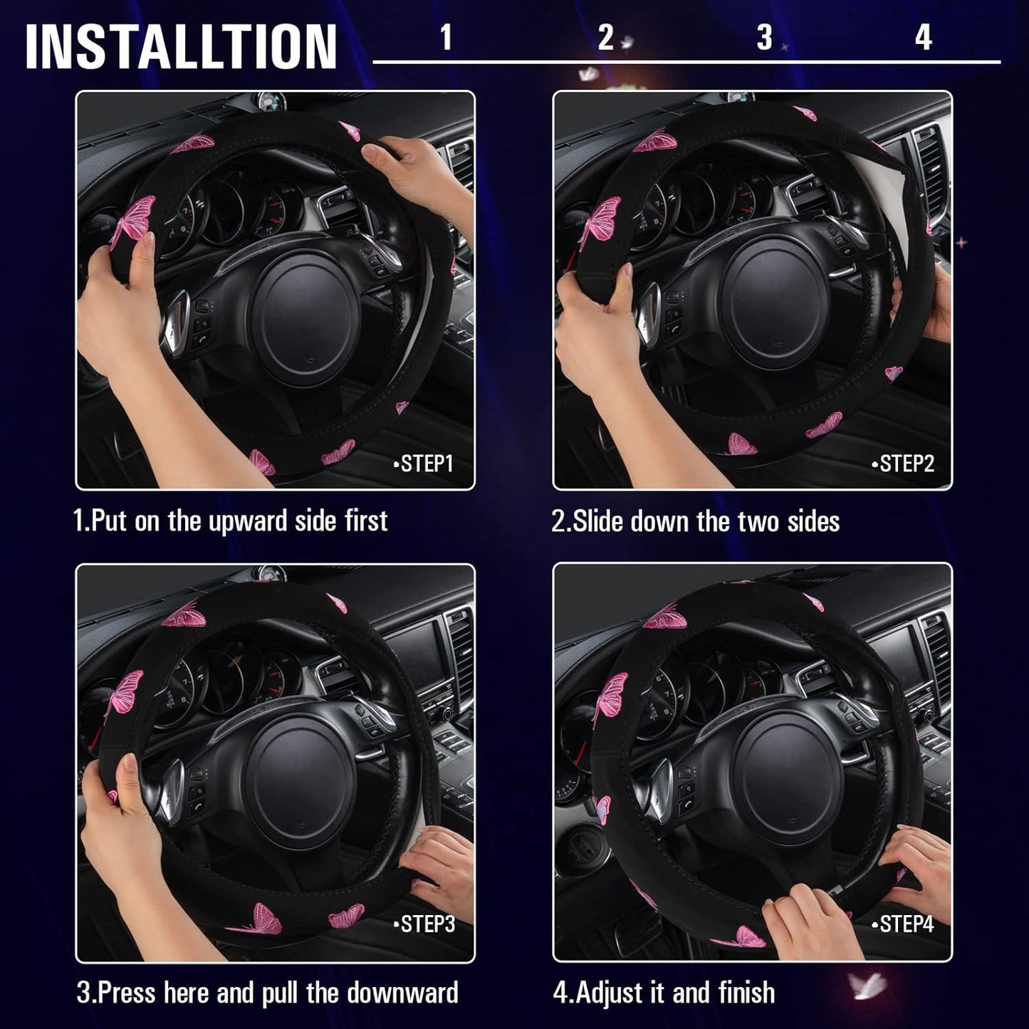 Car Pass Pink Embroidery Butterfly Steering Wheel Cover, Universal 15 Inch Car Wheel Cover for Women Girls, Fit for Suvs,Small Trucks,Sedans,Cars (Black and Pink)