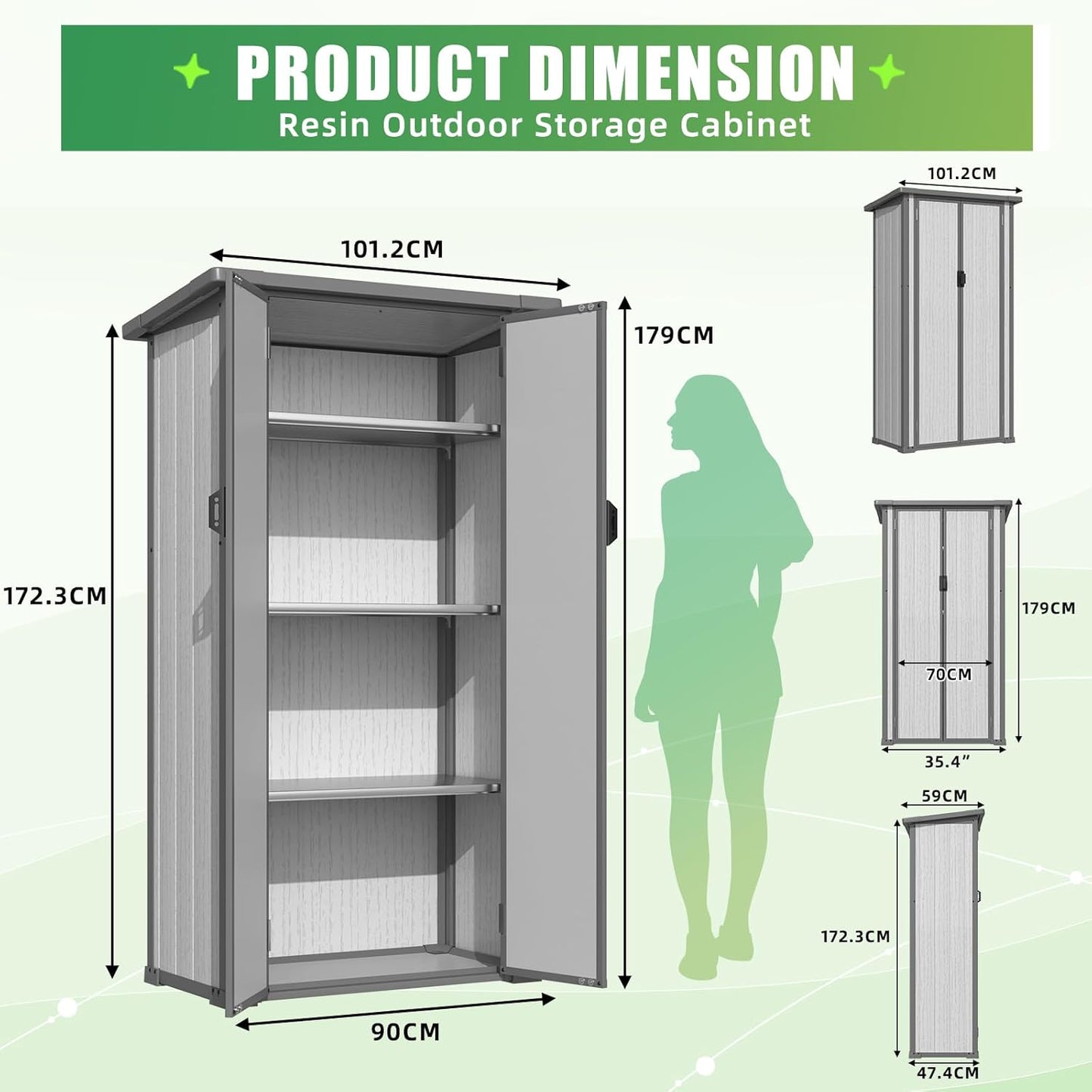 AECOJOY Resin Outdoor Storage Cabinet Waterproof with Adjustable Shelves, Vertical Tall Plastic Storage Shed with Reinforced Floor, All Weather Sheds & Outdoor Storage Clearance with Base for Outside