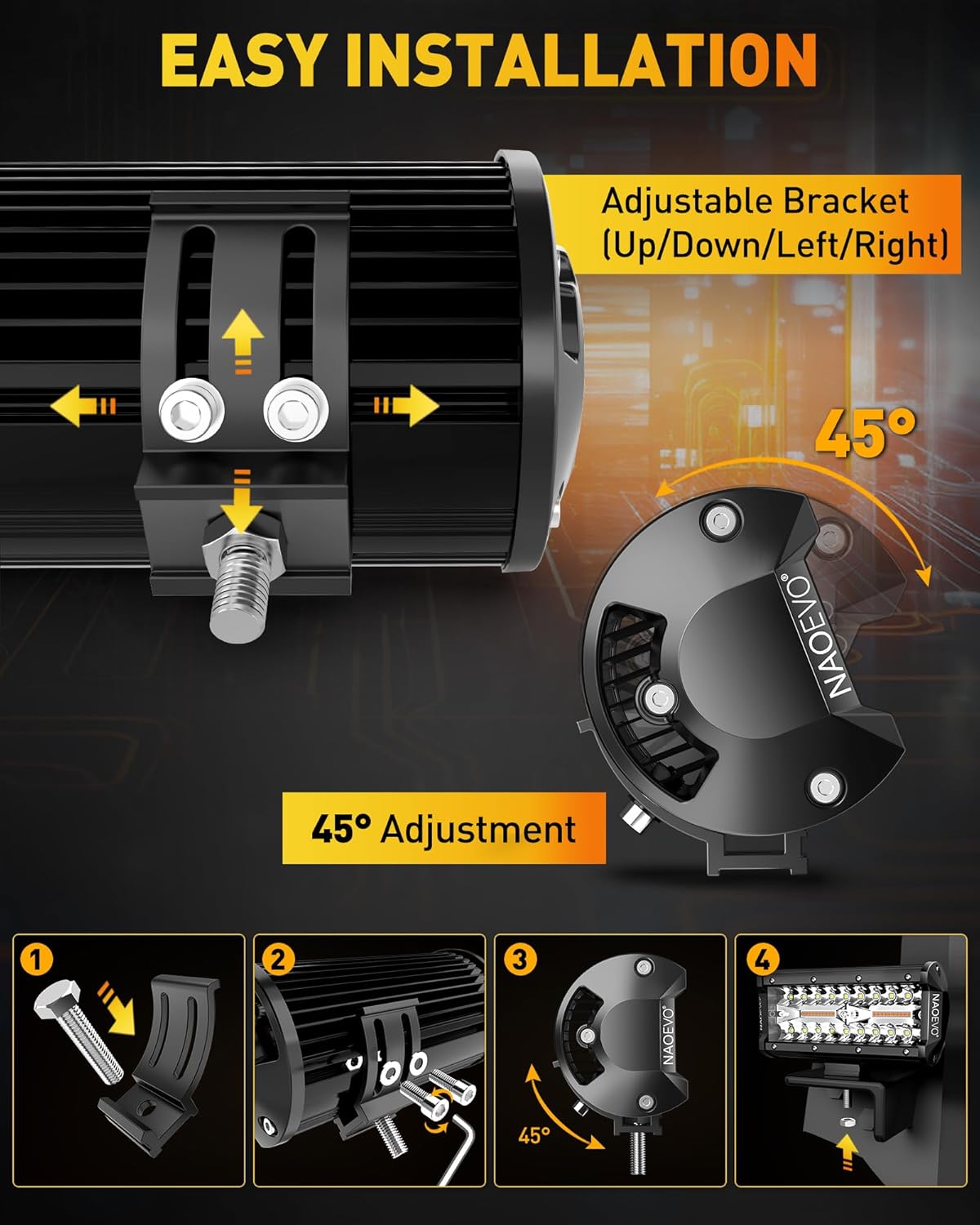 NAOEVO 7 Inch Light Bar, 240W 24,000LM Offroad Fog/Driving Lights LED Pods with 2 Leads Wiring Harness, Spot Flood Combo LED Work Lights for Truck Boat UTV ATV, 2-Pack (White/Amber/White&Amber)