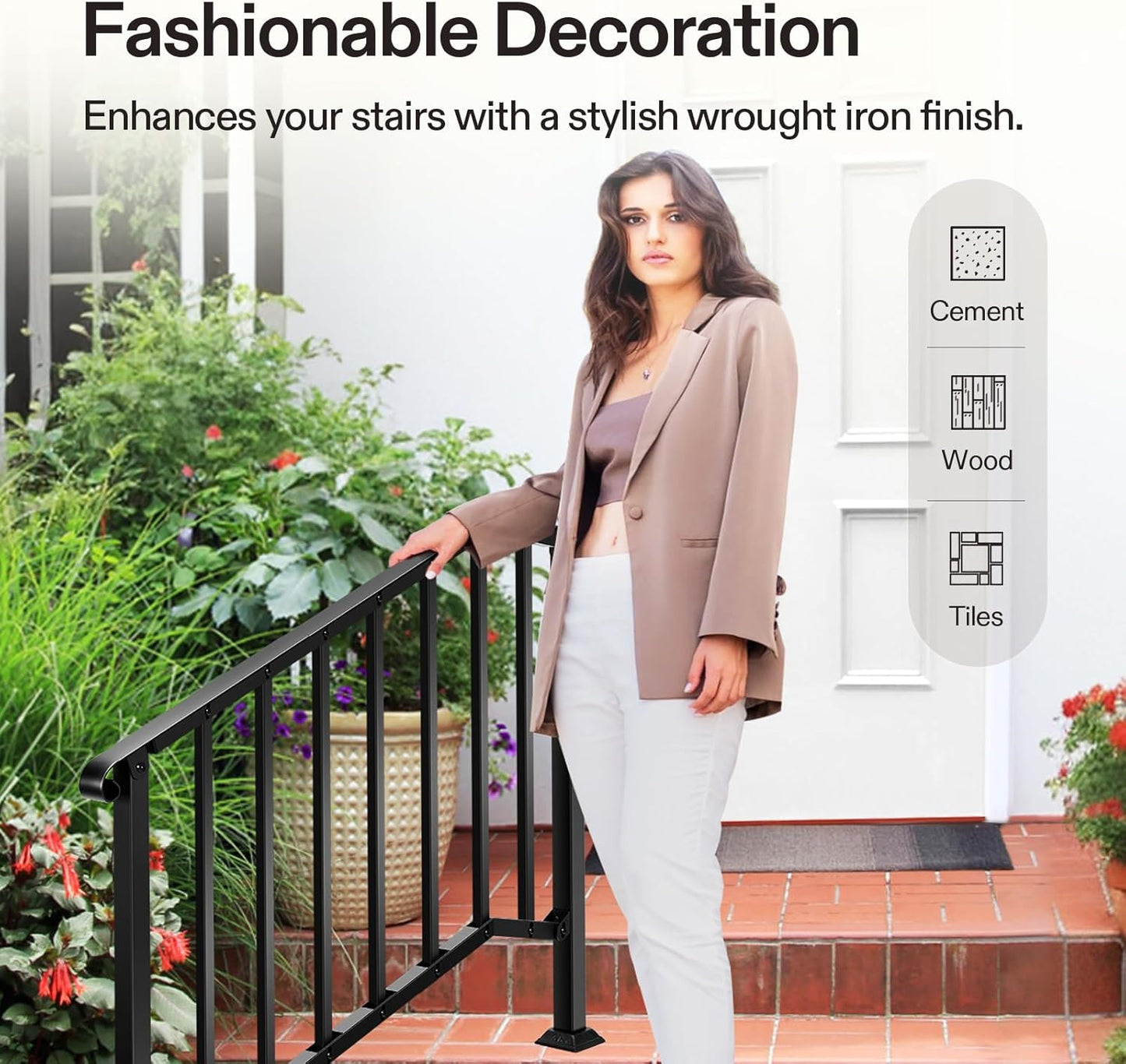 VIVOSUN Outdoor Handrail, 4 Step Stair Handrail, 54" x 36" Fits 1 to 4 Steps, Wrought Mattle Iron Stair Railing with Curved End and Balusters for Concrete Step, Porch Steps, One-Step Assembly, Black