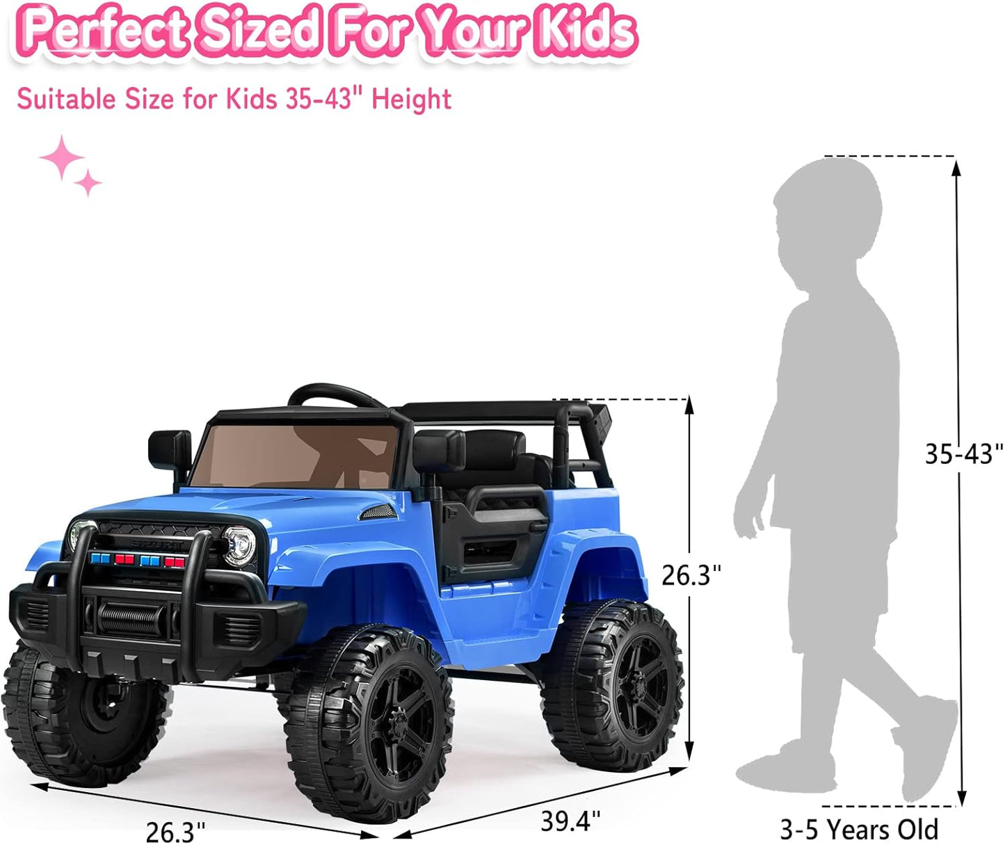 JOYMOR Ride on Truck with Remote Control, 4 Wheels 12V Battery Powered Kids Car, with LED Headlight/Horn Button/ MP3 Player/USB Port/Forward Backward/Kids Girl Boy (Blue)