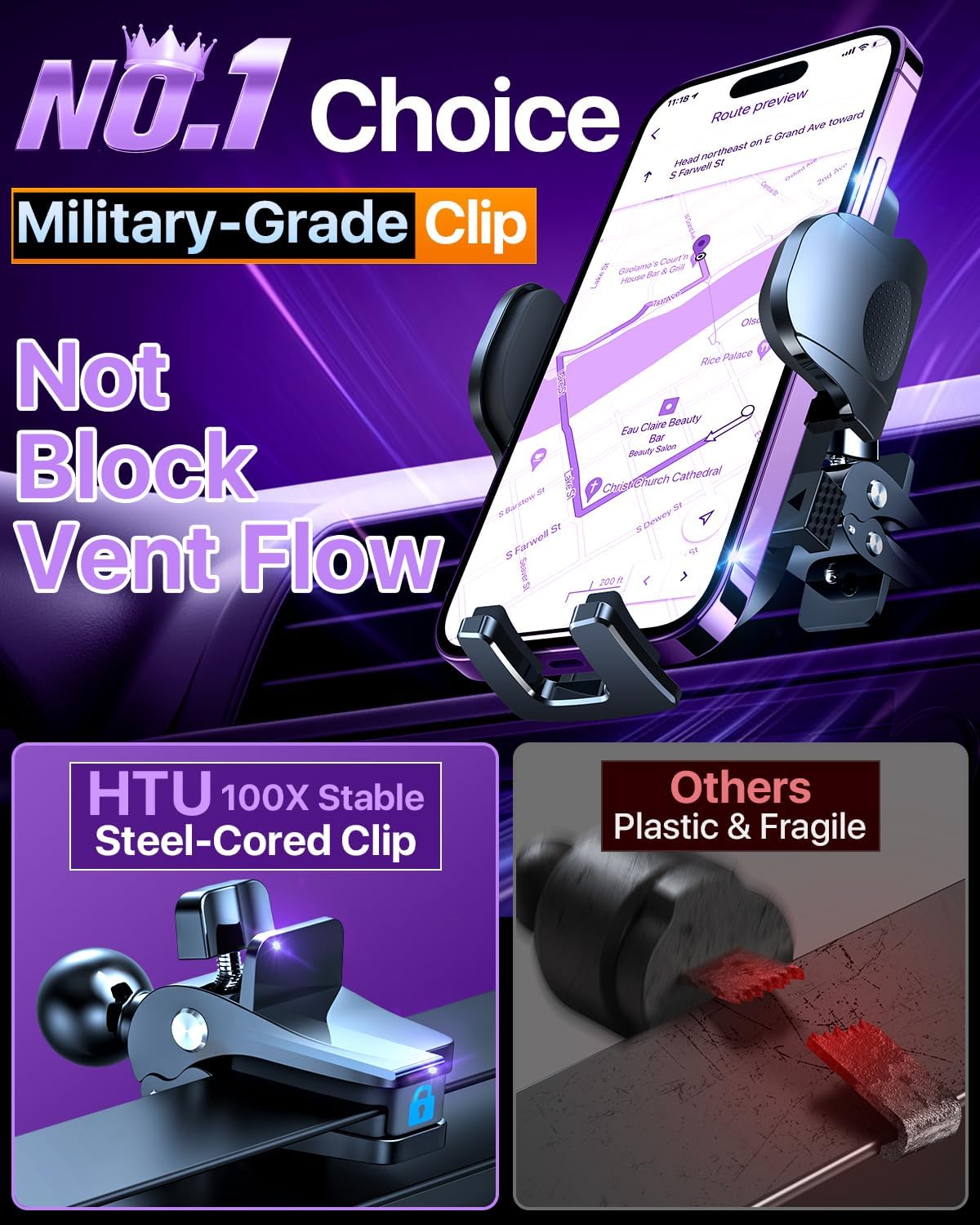 HTU 2025 Best Car Phone Holder 【Ultimate 5-in-1 & Upgraded 100+LBS Strongest Suction】【True Military-Grade & Safety Cert】 360° Windshield Dashboard Vent Mount Stand for iPhone Android & Truck, Purple