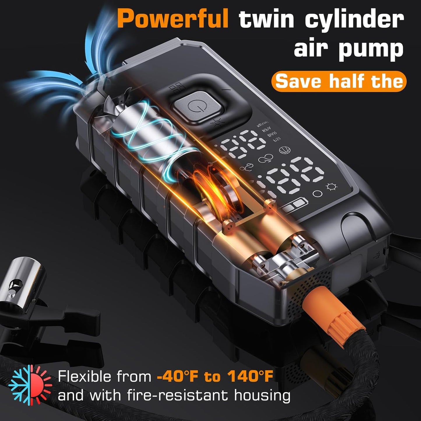 Portable Air Compressor for Tires - (12000mAh 180PSI), Dual Cylinder 5X Faster Cordless Air Pump, PD65 Quick Charge, LED Display, Digital Air Pump for Car Tires, Tire Gauge for Car, Bike, Motorcycle