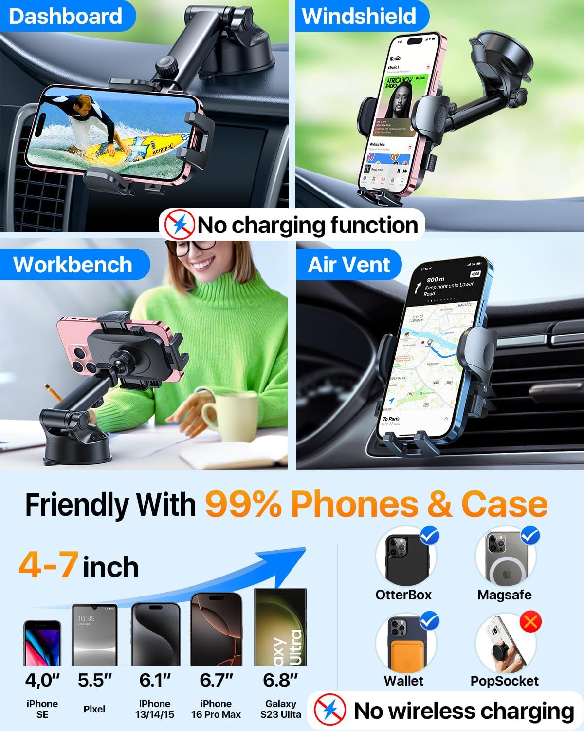 2025 Ultimate Car Phone Holderใ80+LBS Strongest Suction & Military-Gradeใ Universal Cell Phone Holder Truck Car Mount for Dashboard Windshield Air Vent for iPhone 16 Pro Max 15 Samsung 2pcs,Black