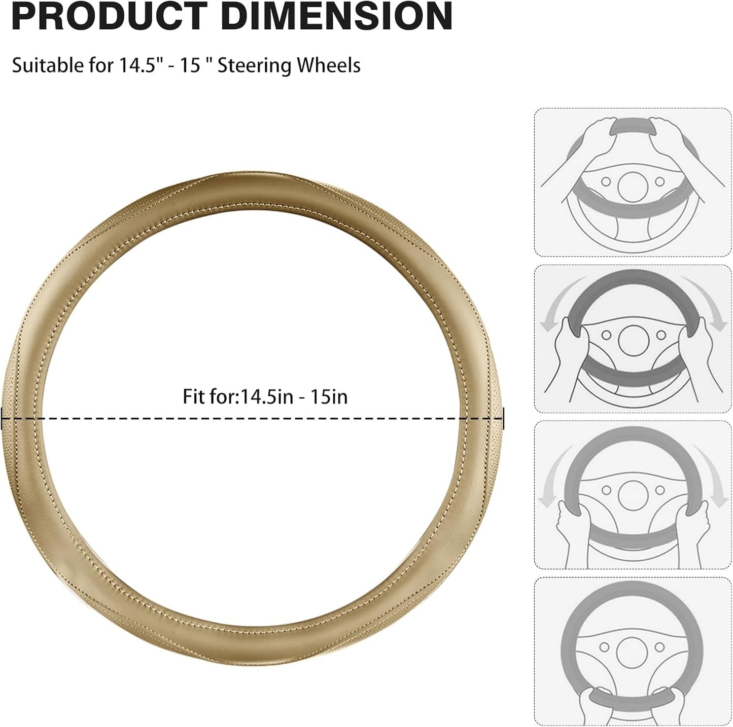 High-Grade Beige Genuine Leather Steering Wheel Cover for Men Women,Real Cowhide Leather Steering Wheel Cover for Cars,Universal 14.5-15 inch Steering Wheels