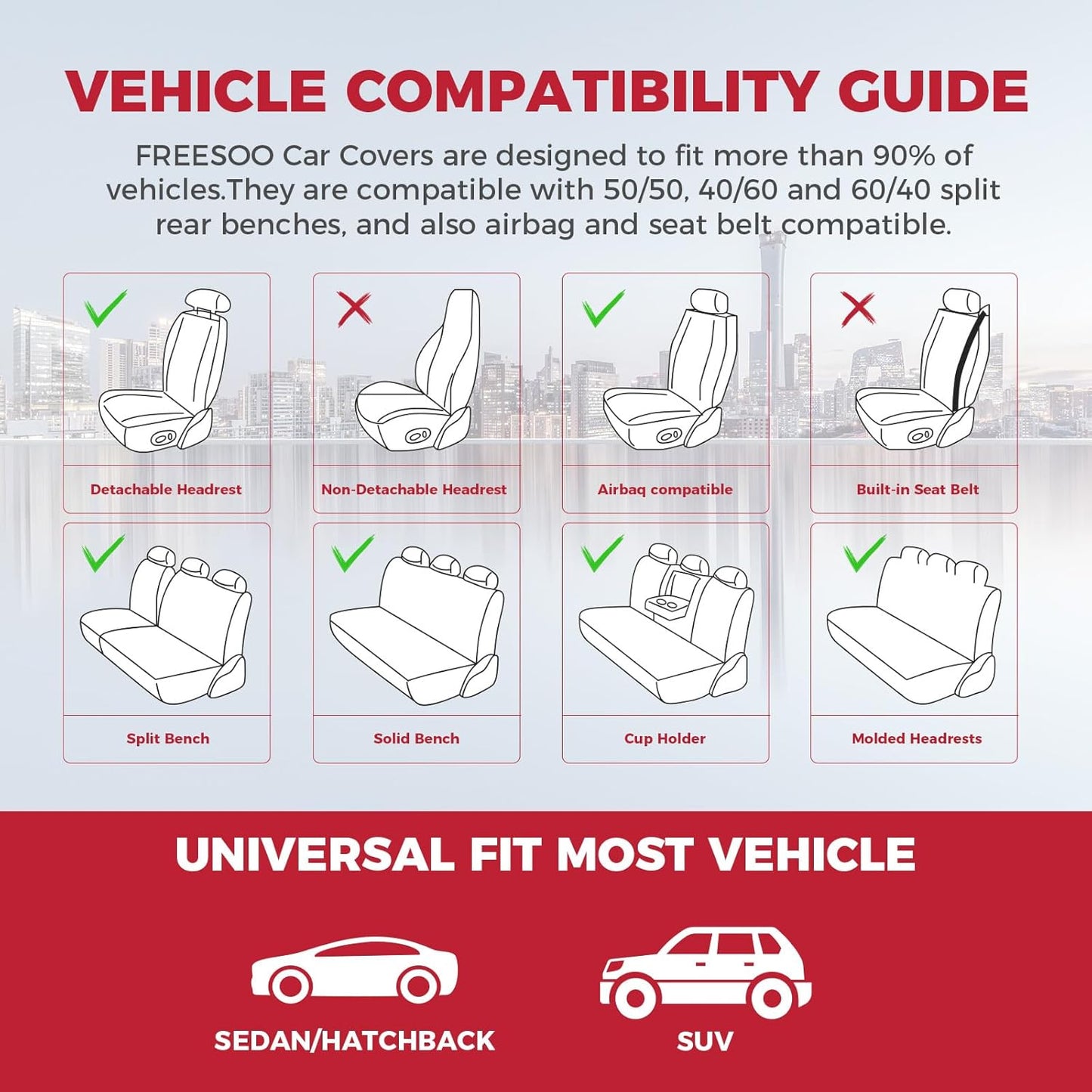 FREESOO Car Seat Covers Full Set,Waterproof Automotive Seat Covers, Leather Cars Interior Covers, Seats Protection Universal fit Babies & Adult (Black Red)