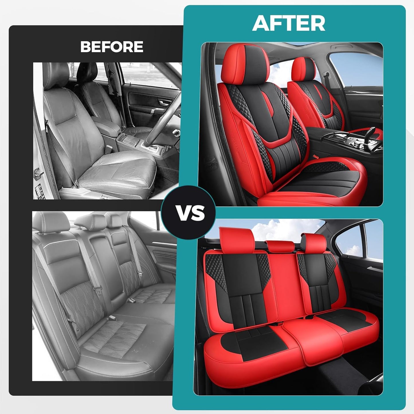 Car Seat Covers Full Set - Universal Seat Covers for Cars SUV Truck – Faux Leather Automotive Seat Covers, Breathable & Waterproof Front and Rear Seat Protectors, Fit for Most Cars-Redblack