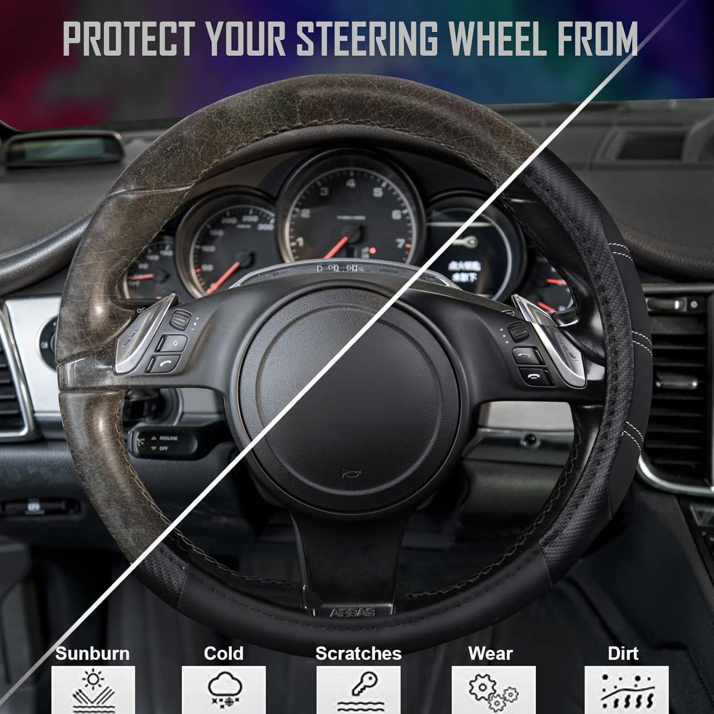 CAR PASS Line Rider Microfiber Leather Sporty 14.5-15 inch Steering Wheel Cover Universal Fits for 95% Truck,SUV,Cars, Anti-Slip Safety Comfortable Design (Black Carbon Fiber)