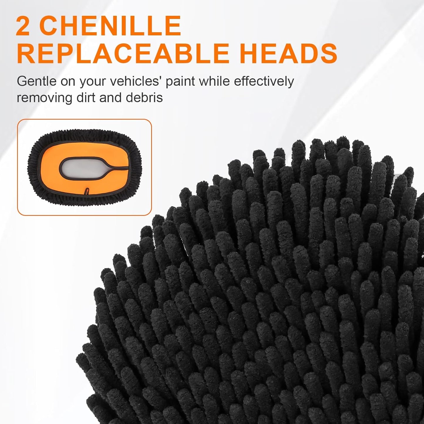 Car Wash Brush with Long Handle, 47" Car Wash Mop with Grip Handle, 2 Replaceable Microfiber Mop Heads and 1 24*63" Car Cleaning Towel for Car Washing, Truck, SUV, Boat, RV Roof