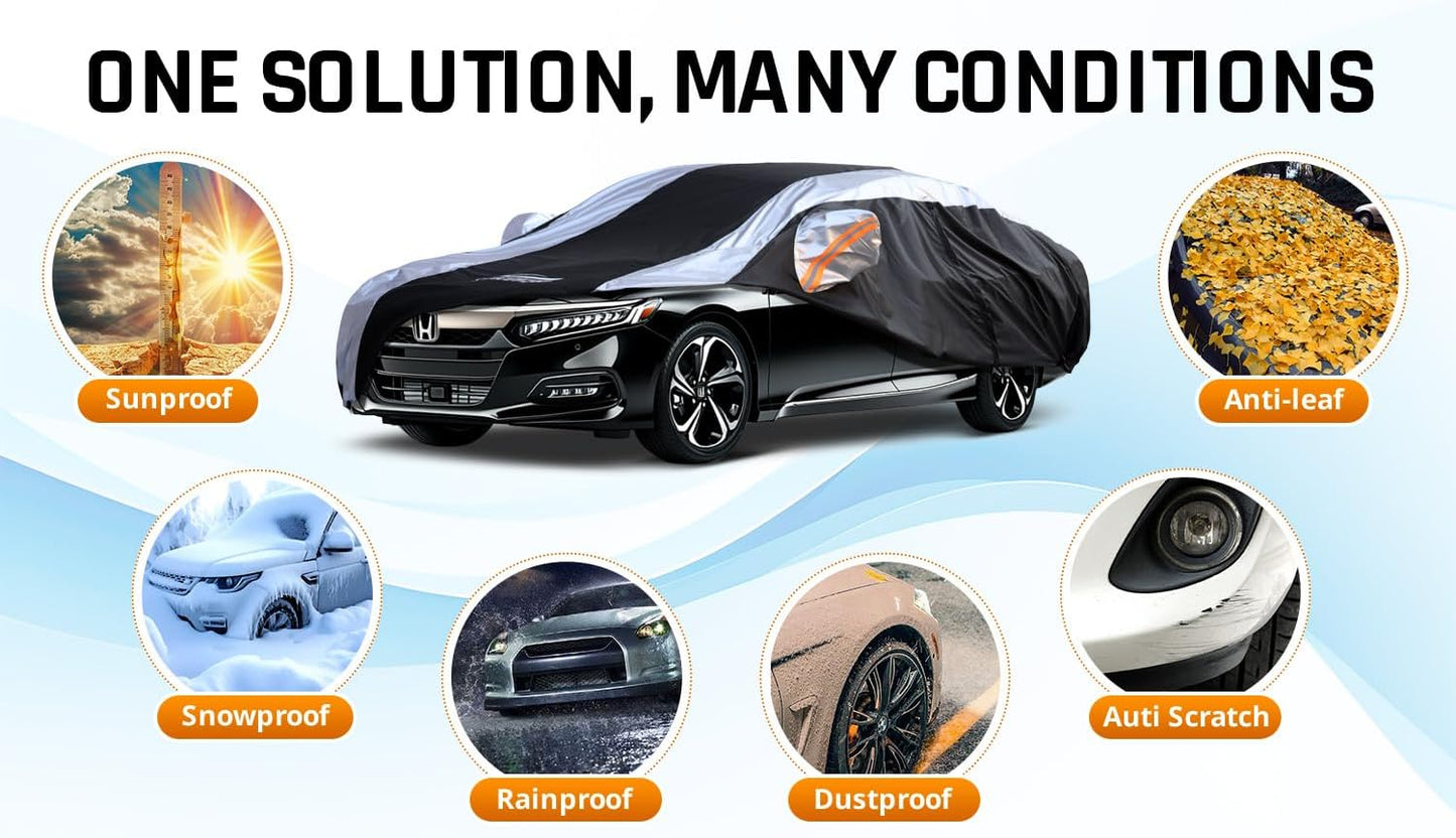 Honda Accord Car Cover Waterproof All Weather with Silver Strip Design, Custom Fit for Honda Accord 2005–2025, Accord Accessory with Door Zipper & Windproof Straps