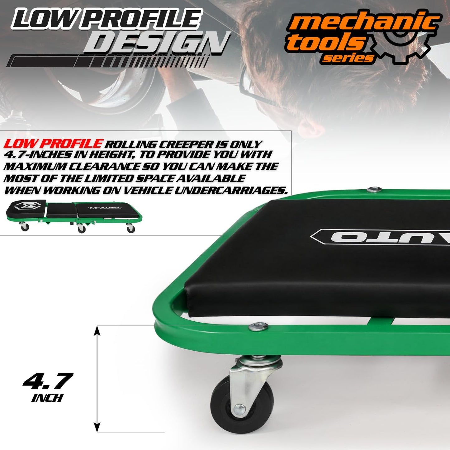 M-AUTO 40-Inch Folding Creeper Rolling Seat, All-in-One Adjustable Roller Garage Chair, Lay Down or Sit, 330LBS Capacity Under Car Roller Creeper with 6 Swivel Casters, Green