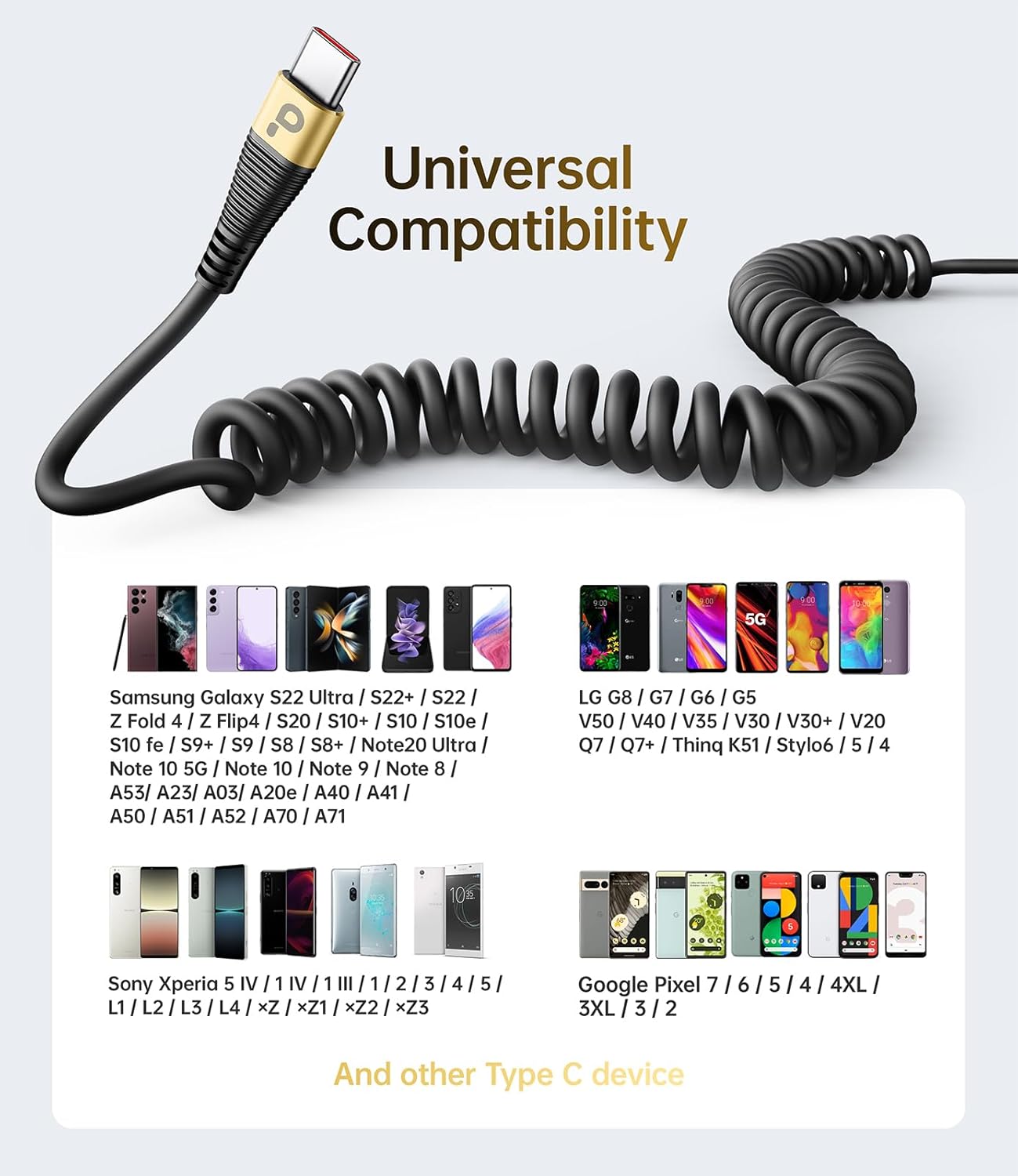 USB C Cable Fast Charging, 2Pack 3ft Coiled USB A to Type C Charge Cord for Car USB-C Charging Cable Compatible with iPhone 16/15/Pro/Samsung Galaxy S20 S10 Plus Note 10 and Other USB C Devices - Gold