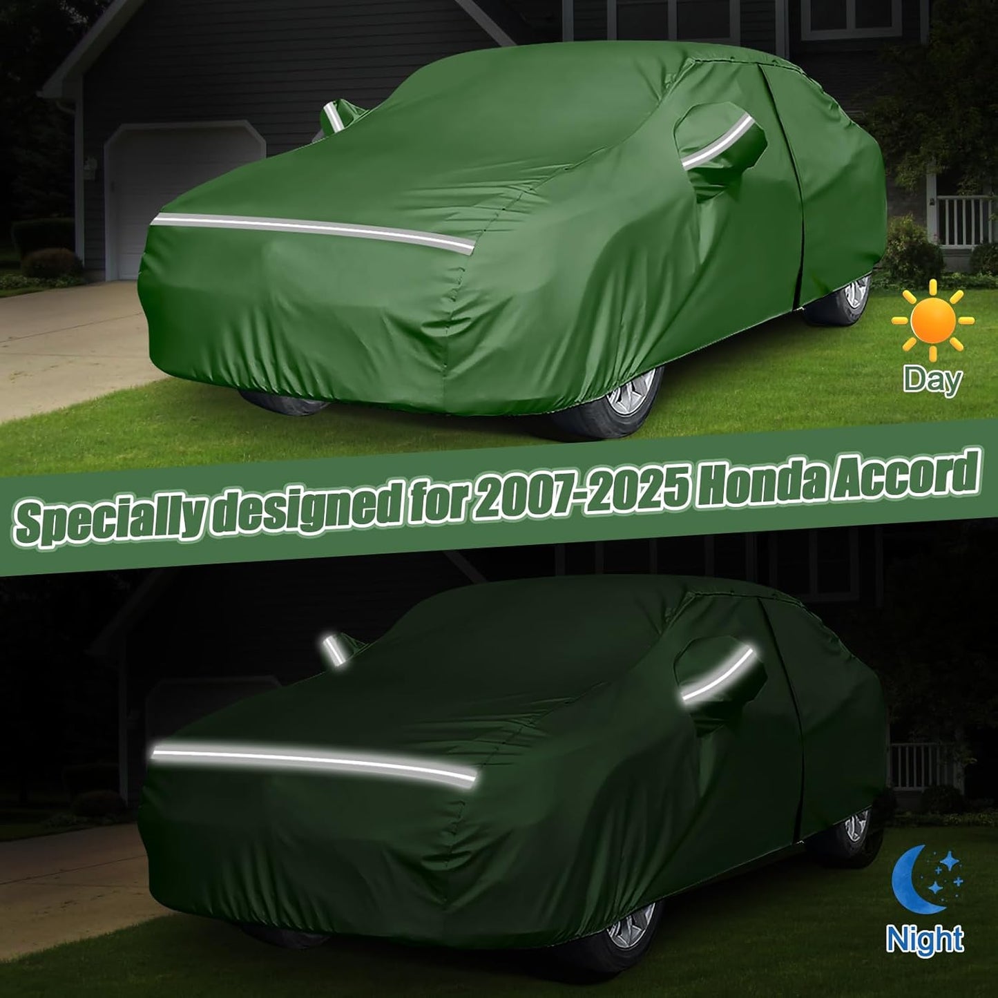 BOSSTONE Car Cover Custom Fit for Honda Accord 2007-2025, for Toyota Camry 1996-2025, Waterproof All Weather for Automobiles Full Exterior Cover Rain Sun Snow Protector with Door Zipper (Green)