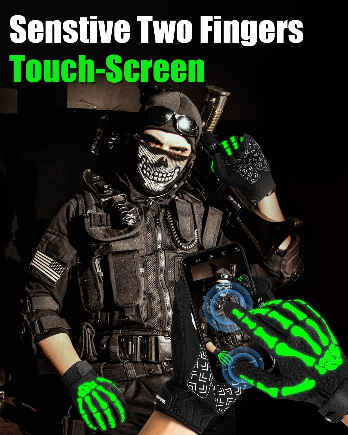 RIGWARL Skeleton Gloves Glow in The Dark, Touchscreen Riding Cycling Gloves for Men and Women, Breathable Motorcycle Glove
