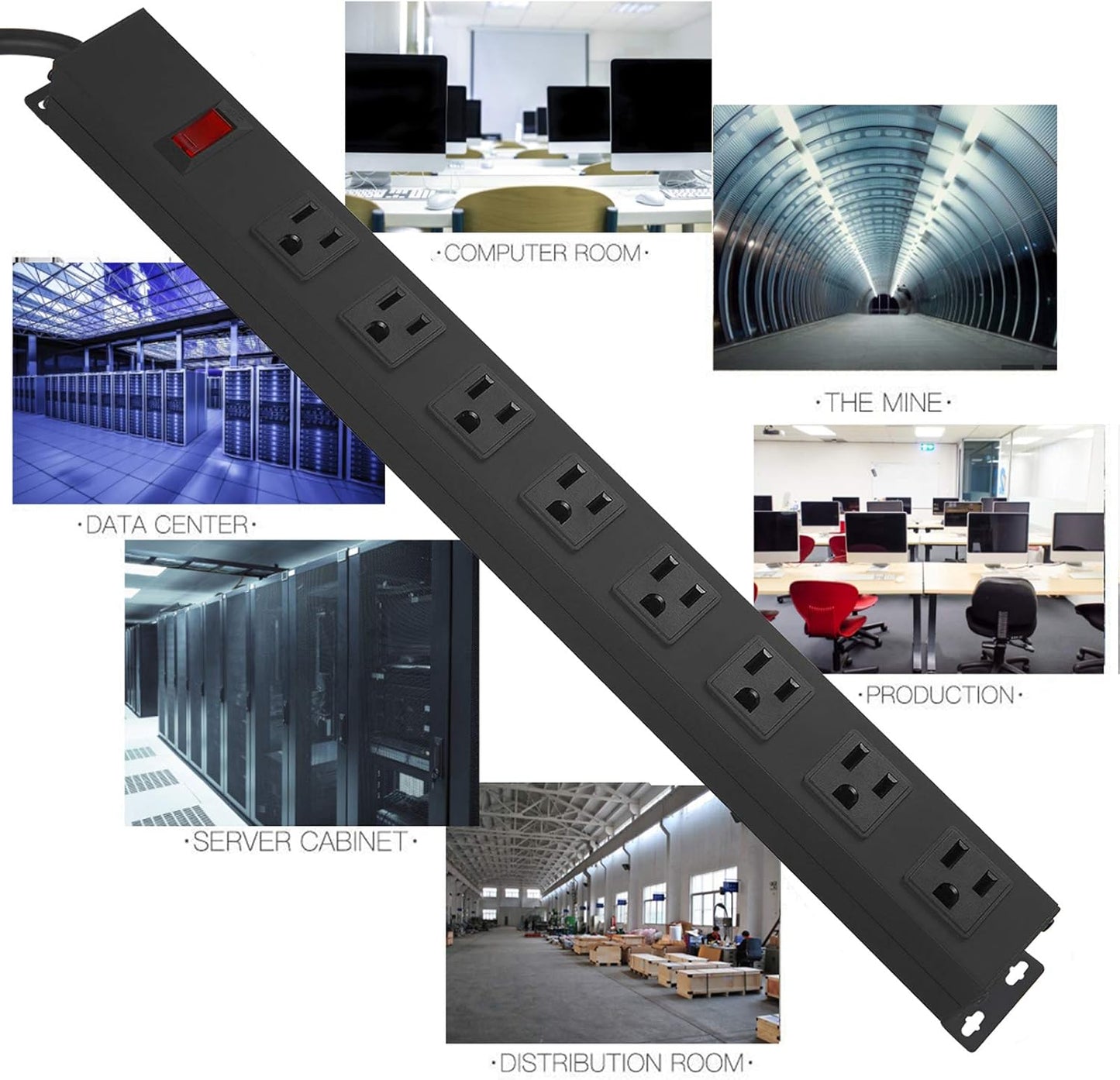 Metal 8 Outlet Mountable Power Strip, Wall Mount Outlet Heavy Duty, Wide Spaced Commercial Shop Power Strip with Switch, 3 FT SJT 14AWG Power Cord.(3FT)