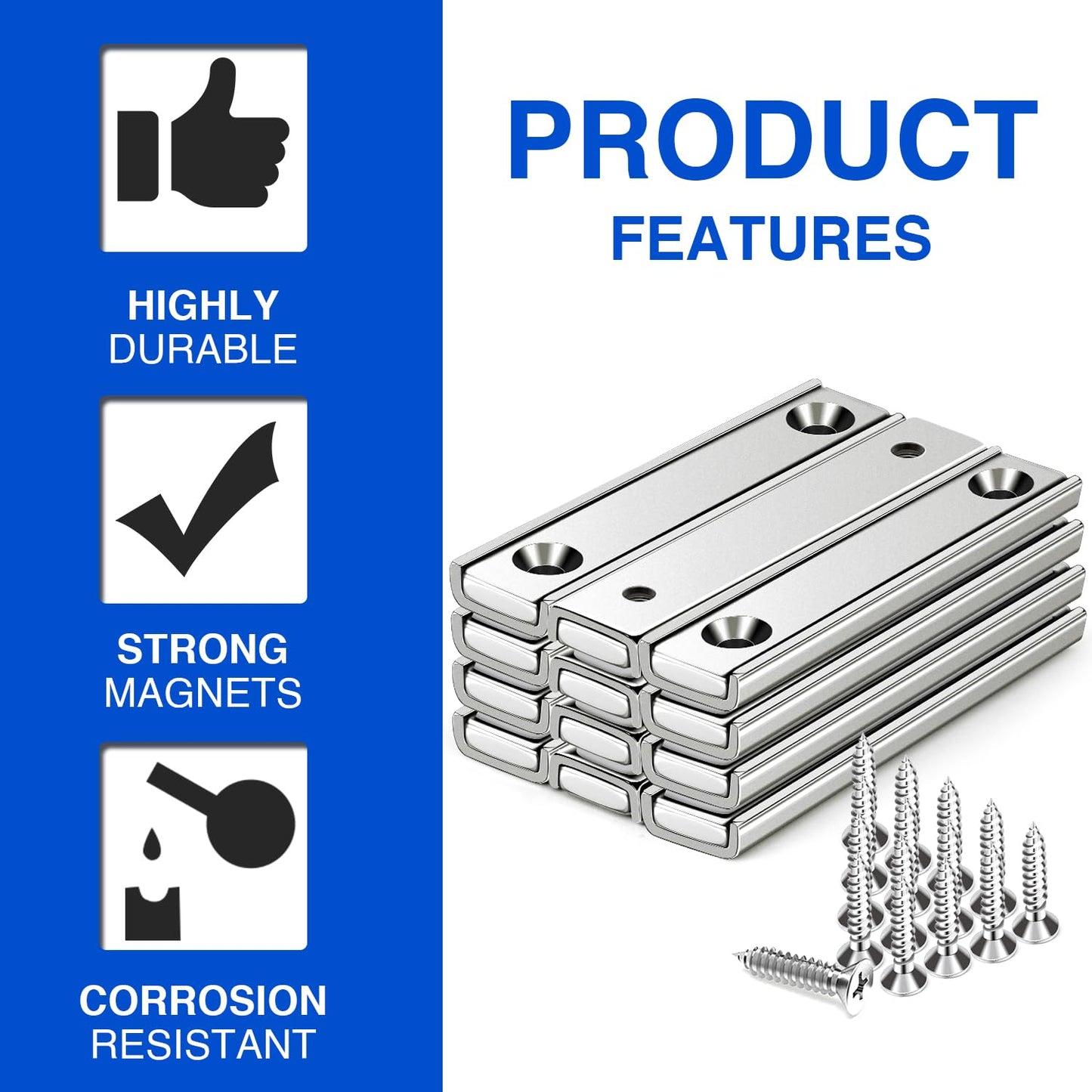 MIKEDE Strong Magnets Bar, 70LB Neodymium Rare Earth Magnet Heavy Duty, 12 Pack Rectangular Magnet with Countersunk Hole and Steel Capsule, Mounting Strips for Home, Garage - 60x13.5x5mm