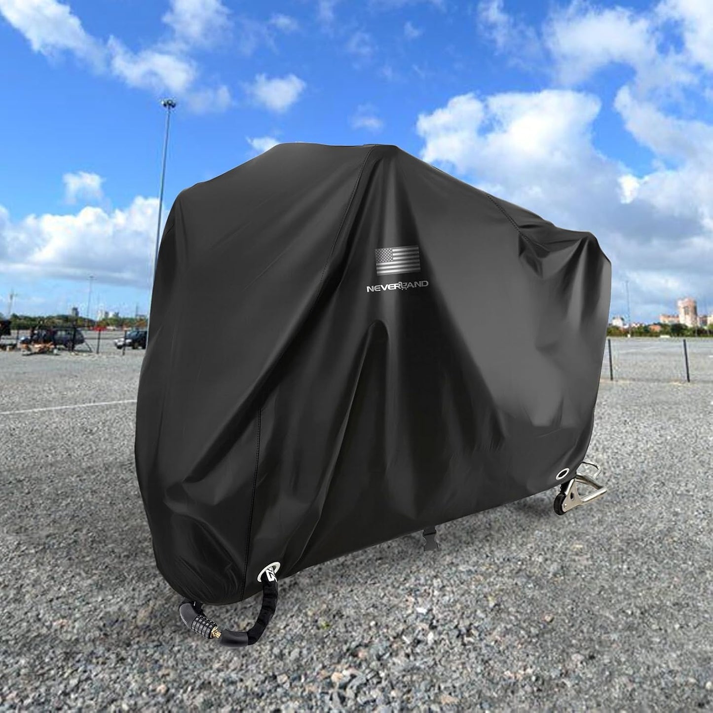 NEVERLAND Motorcycle Cover Waterproof Outdoor - Black Heavy Duty Scooter Cover, Motorbike Cover with Refletive Logo, Lock-Hole, Bandage, Storage Bag-Protect Against Dust, Debris, Rain and Weather(XL)