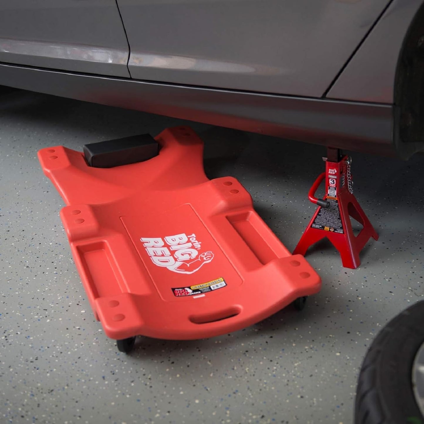 Big RED Plastic Rolling Garage/Shop Creeper: Dual Tool Trays and 6 Casters, Red,40" Mechanic Cart with Padded Headrest