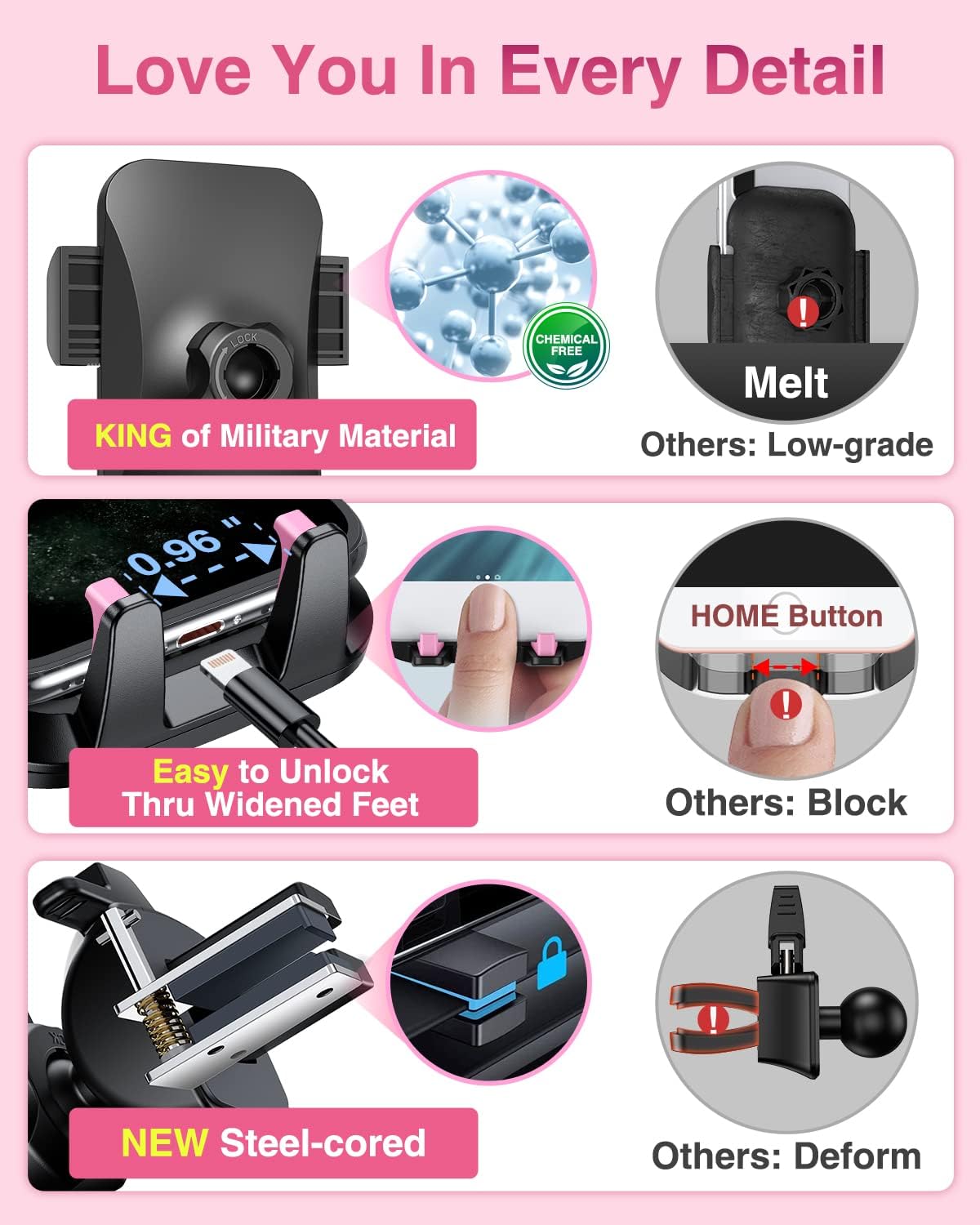 VANMASS 2025ใStrongest Suction & Military-Gradeใ Car Phone Mount ใPatent & SafetyใUltimate Cell Phone Holder Handsfree Stand for Dash Windshield Vent for iPhone 16 15 Pro Max 14 Android & Truck, Pink