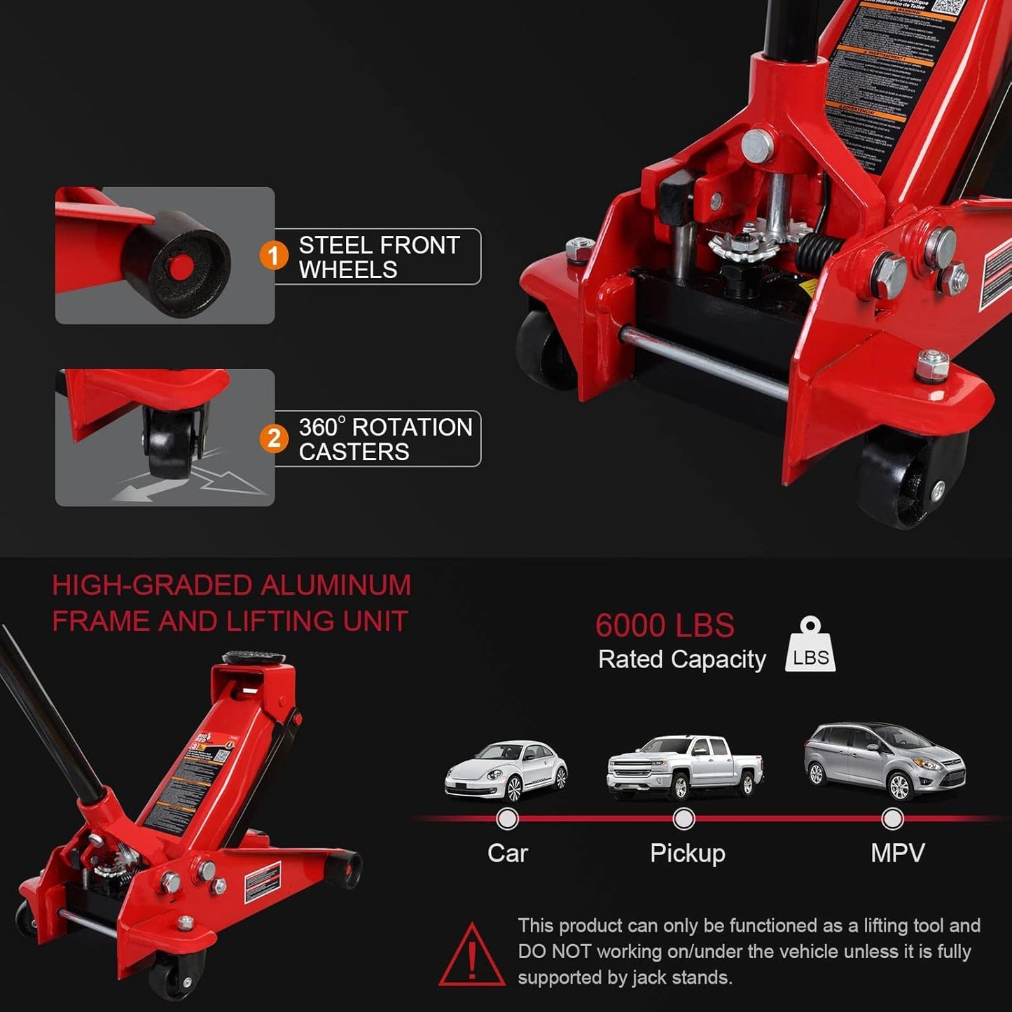 Heavy Duty Hydraulic Car Floor Jack with Quick Lift Pump for All Terrain Vehicles, 3 Ton Capacity, Red