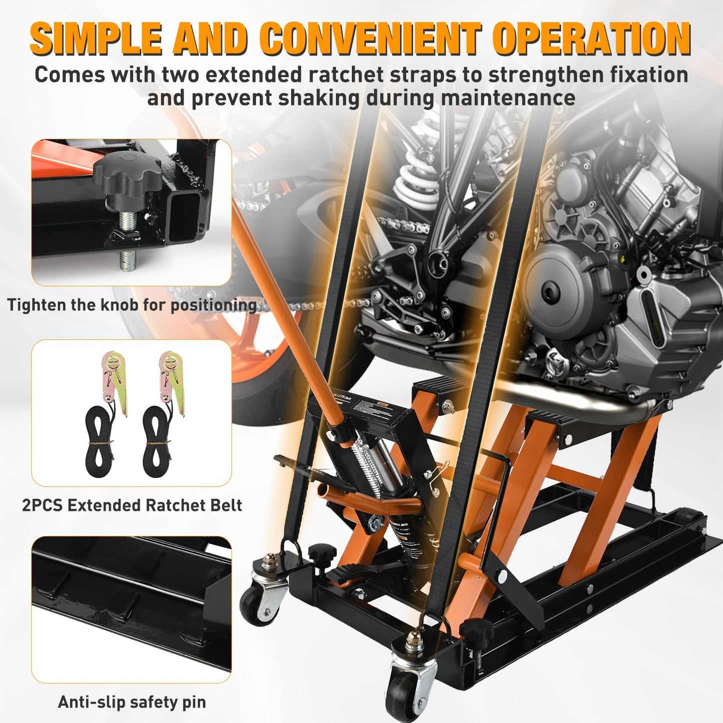 Nilight Motorcycle Lift Jack 1500 LBS Hydraulic Lifts ATV Scissor Jacks with Wheel Foot Pedal Handle Ratchet Belt Heavy Duty Lifter Stand Hoist Table for Dirt Bike Garage Storage Repair Tool,Orange